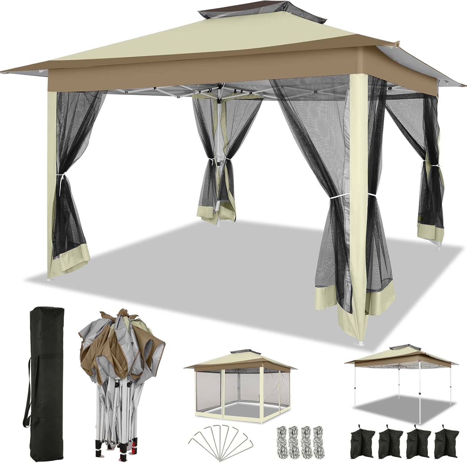 image:imageCOBIZI 11x11 Pop Up Gazebo OnePush Canopy Tent Carpas Para Patio Outdoor Canopy Shelter with Double Roof Ventiation 121 Square Feet of Shade for Lawn Garden Backyard and Deck Gray Upgraded 20Khaki