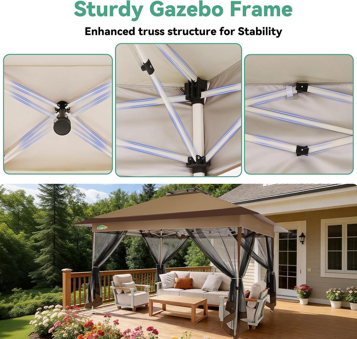 image:imageCOBIZI 11x11 Pop Up Gazebo OnePush Canopy Tent Carpas Para Patio Outdoor Canopy Shelter with Double Roof Ventiation 121 Square Feet of Shade for Lawn Garden Backyard and Deck Gray Upgraded 20BrownUpgraded