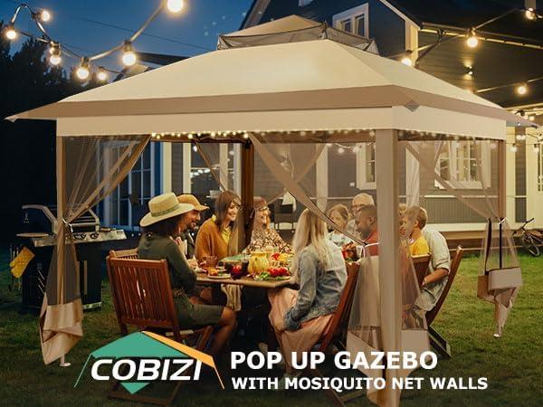 image:imageCOBIZI 11x11 Pop Up Gazebo OnePush Canopy Tent Carpas Para Patio Outdoor Canopy Shelter with Double Roof Ventiation 121 Square Feet of Shade for Lawn Garden Backyard and Deck Gray Upgraded 20Khaki