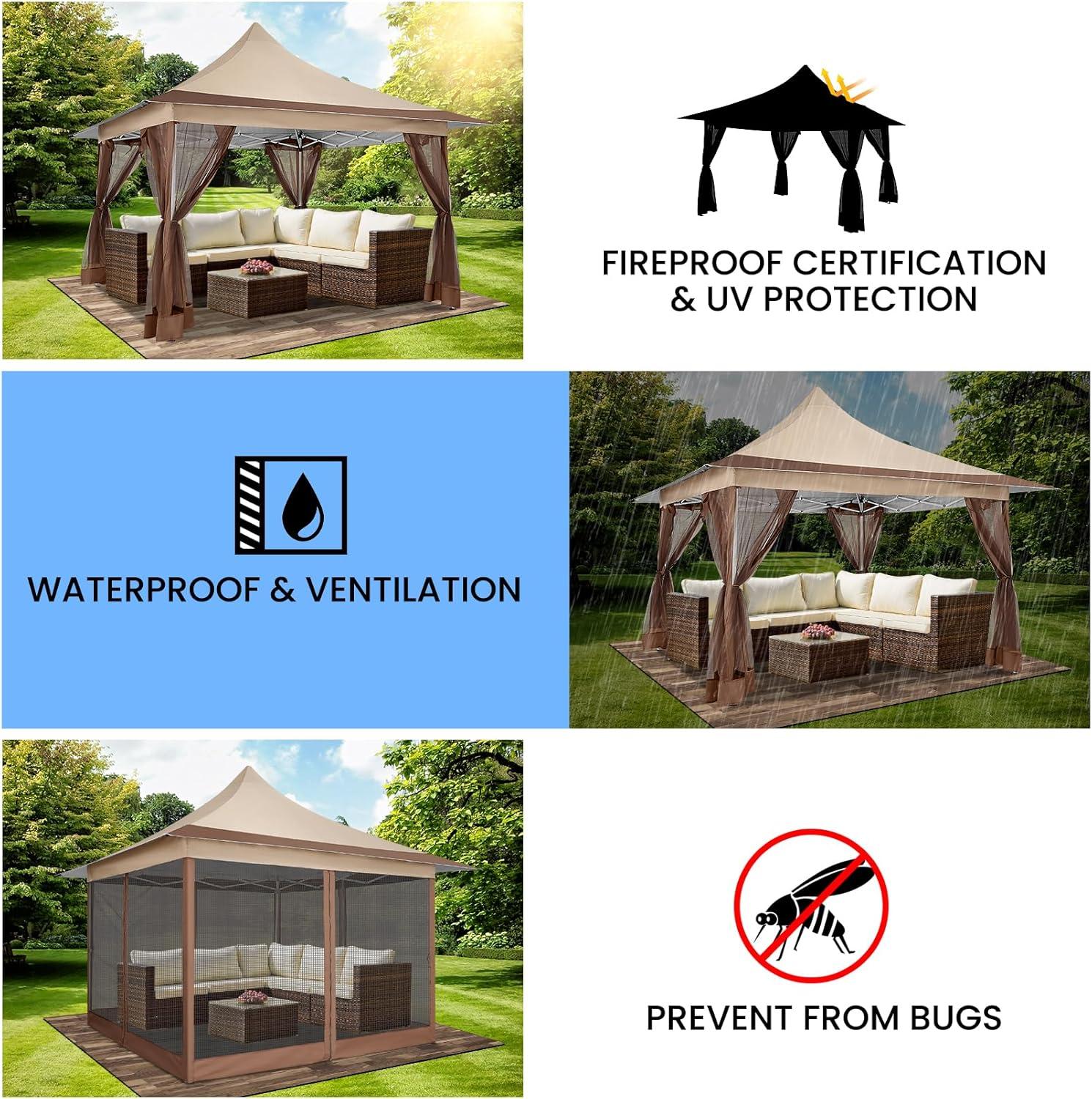 image:imageCOBIZI 11x11 Pop Up Gazebo OnePush Canopy Tent Carpas Para Patio Outdoor Canopy Shelter with Double Roof Ventiation 121 Square Feet of Shade for Lawn Garden Backyard and Deck Gray Upgraded 20Khaki