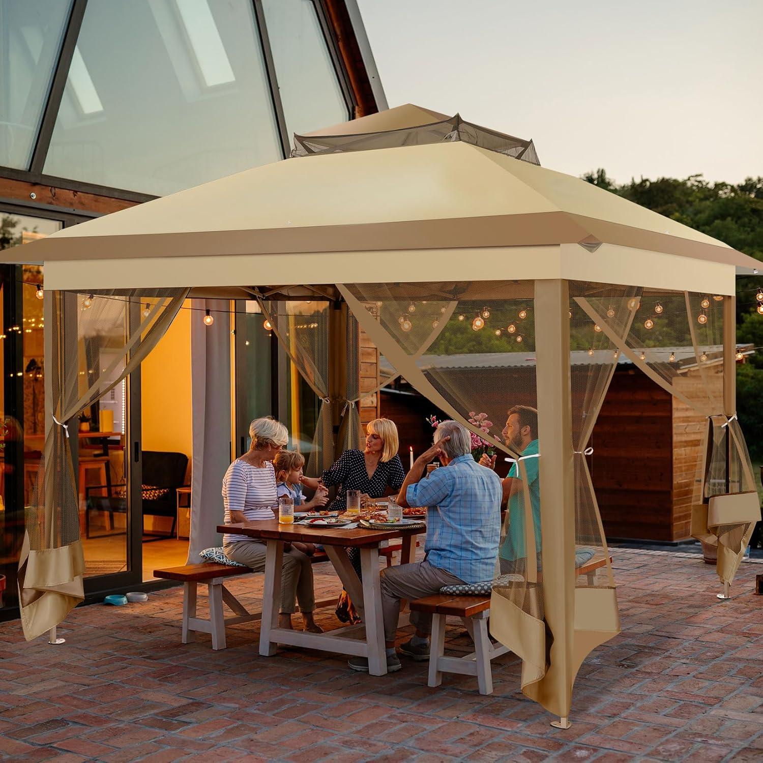 image:imageCOBIZI 11x11 Pop Up Gazebo OnePush Canopy Tent Carpas Para Patio Outdoor Canopy Shelter with Double Roof Ventiation 121 Square Feet of Shade for Lawn Garden Backyard and Deck Gray Upgraded 20Khaki