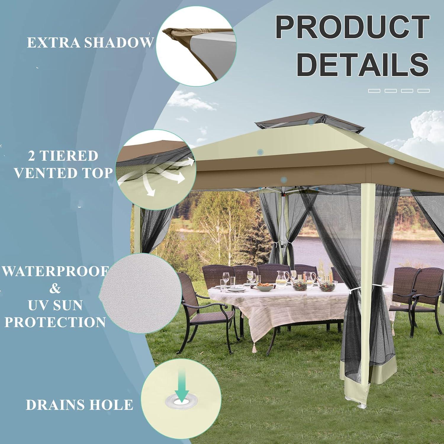 image:imageCOBIZI 11x11 Pop Up Gazebo OnePush Canopy Tent Carpas Para Patio Outdoor Canopy Shelter with Double Roof Ventiation 121 Square Feet of Shade for Lawn Garden Backyard and Deck Gray Upgraded 20Khaki