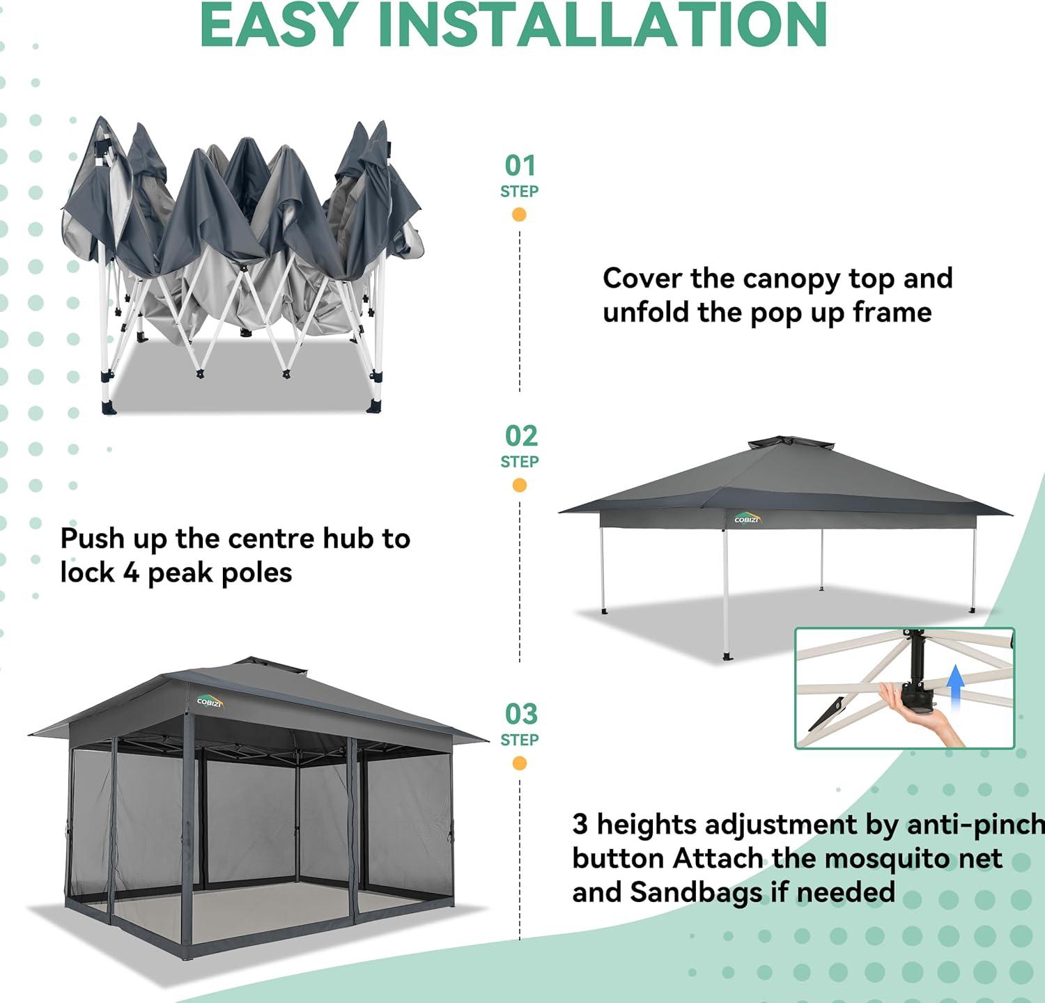 image:imageCOBIZI 11x11 Pop Up Gazebo OnePush Canopy Tent Carpas Para Patio Outdoor Canopy Shelter with Double Roof Ventiation 121 Square Feet of Shade for Lawn Garden Backyard and Deck Gray Upgraded 20Darkgrey