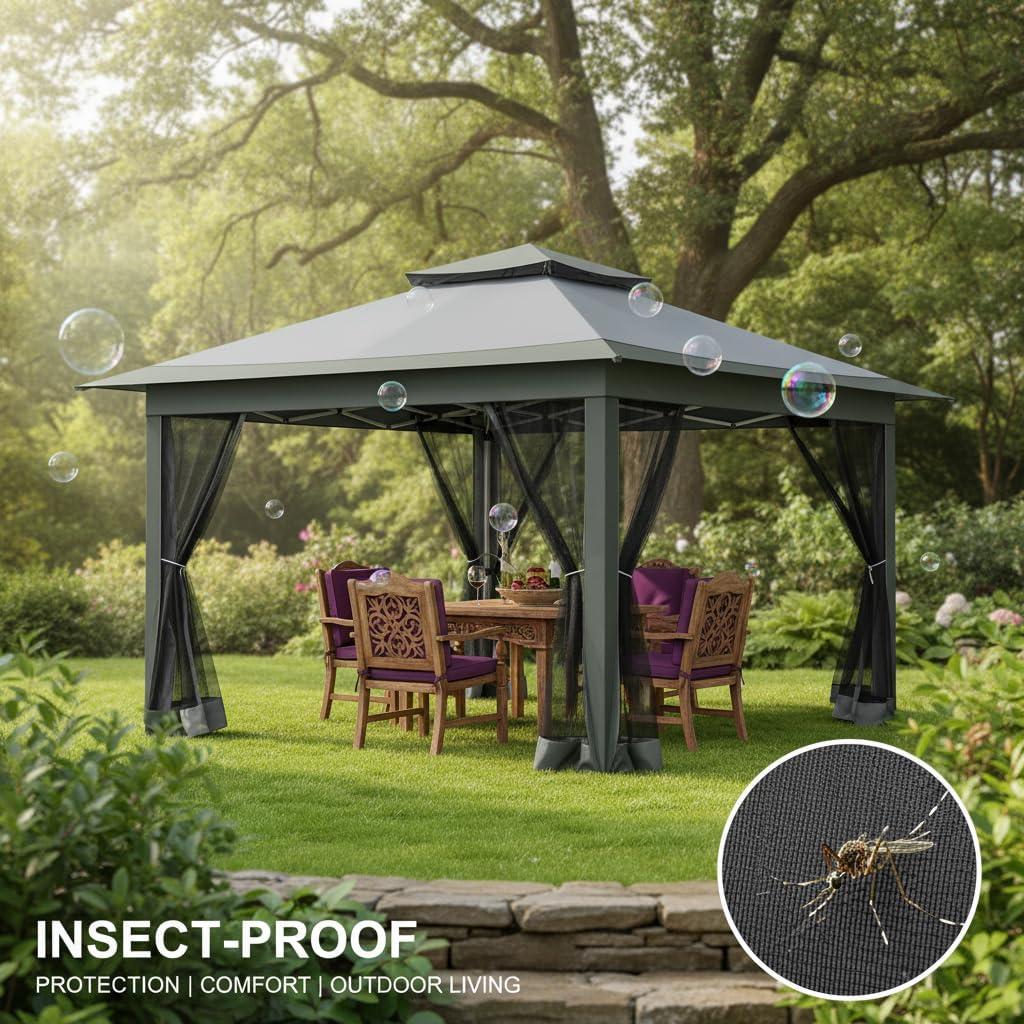 image:imageCOBIZI 11x11 Pop Up Gazebo OnePush Canopy Tent Carpas Para Patio Outdoor Canopy Shelter with Double Roof Ventiation 121 Square Feet of Shade for Lawn Garden Backyard and Deck Gray Upgraded 20Darkgrey
