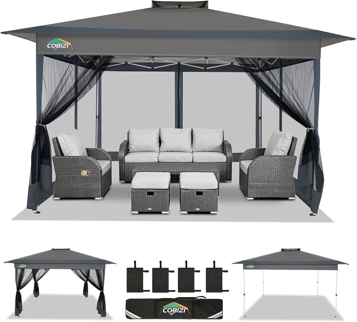 image:imageCOBIZI 11x11 Pop Up Gazebo OnePush Canopy Tent Carpas Para Patio Outdoor Canopy Shelter with Double Roof Ventiation 121 Square Feet of Shade for Lawn Garden Backyard and Deck Gray Upgraded 20Darkgrey