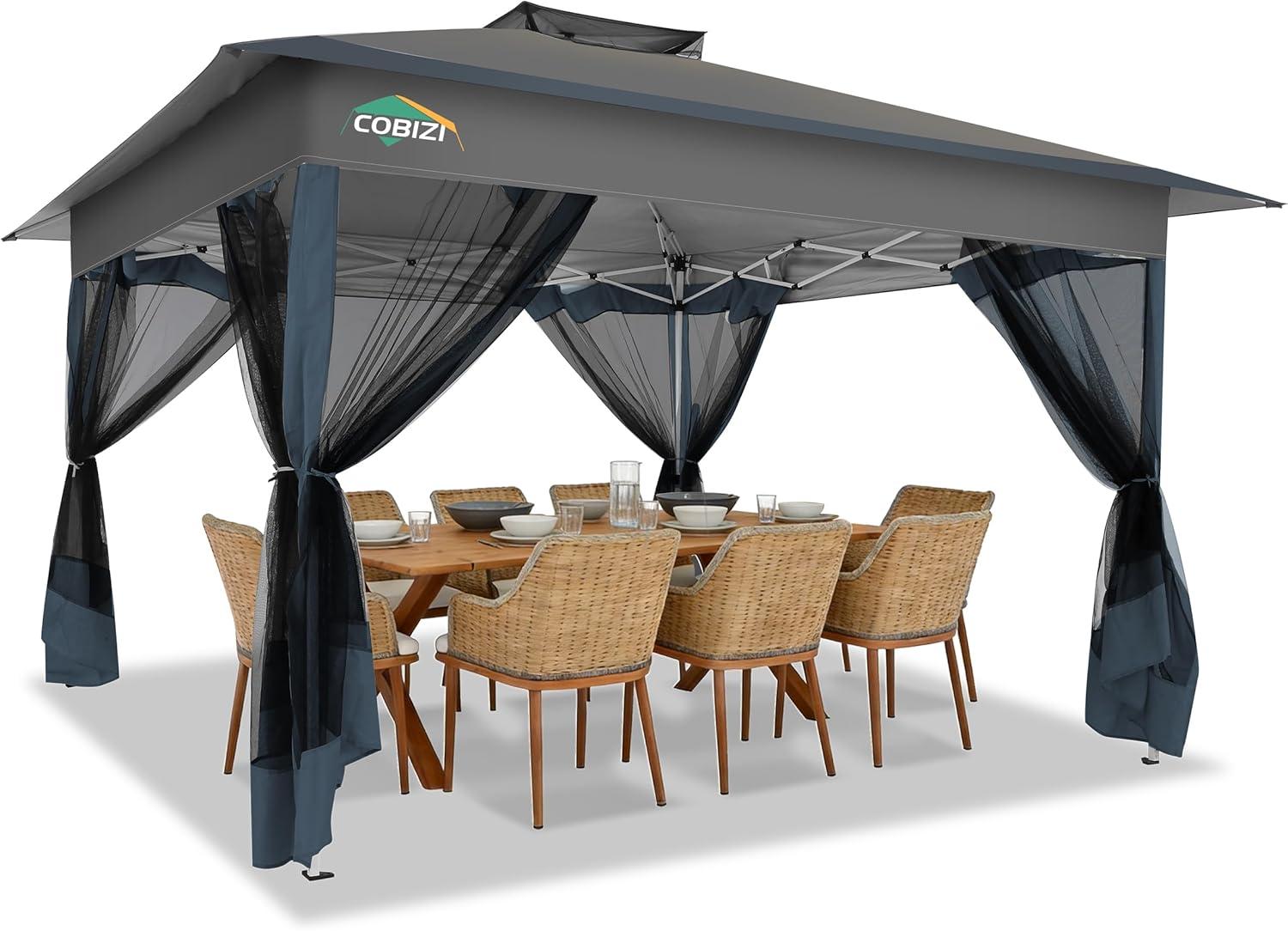 image:imageCOBIZI 11x11 Pop Up Gazebo OnePush Canopy Tent Carpas Para Patio Outdoor Canopy Shelter with Double Roof Ventiation 121 Square Feet of Shade for Lawn Garden Backyard and Deck Gray Upgraded 20Darkgrey