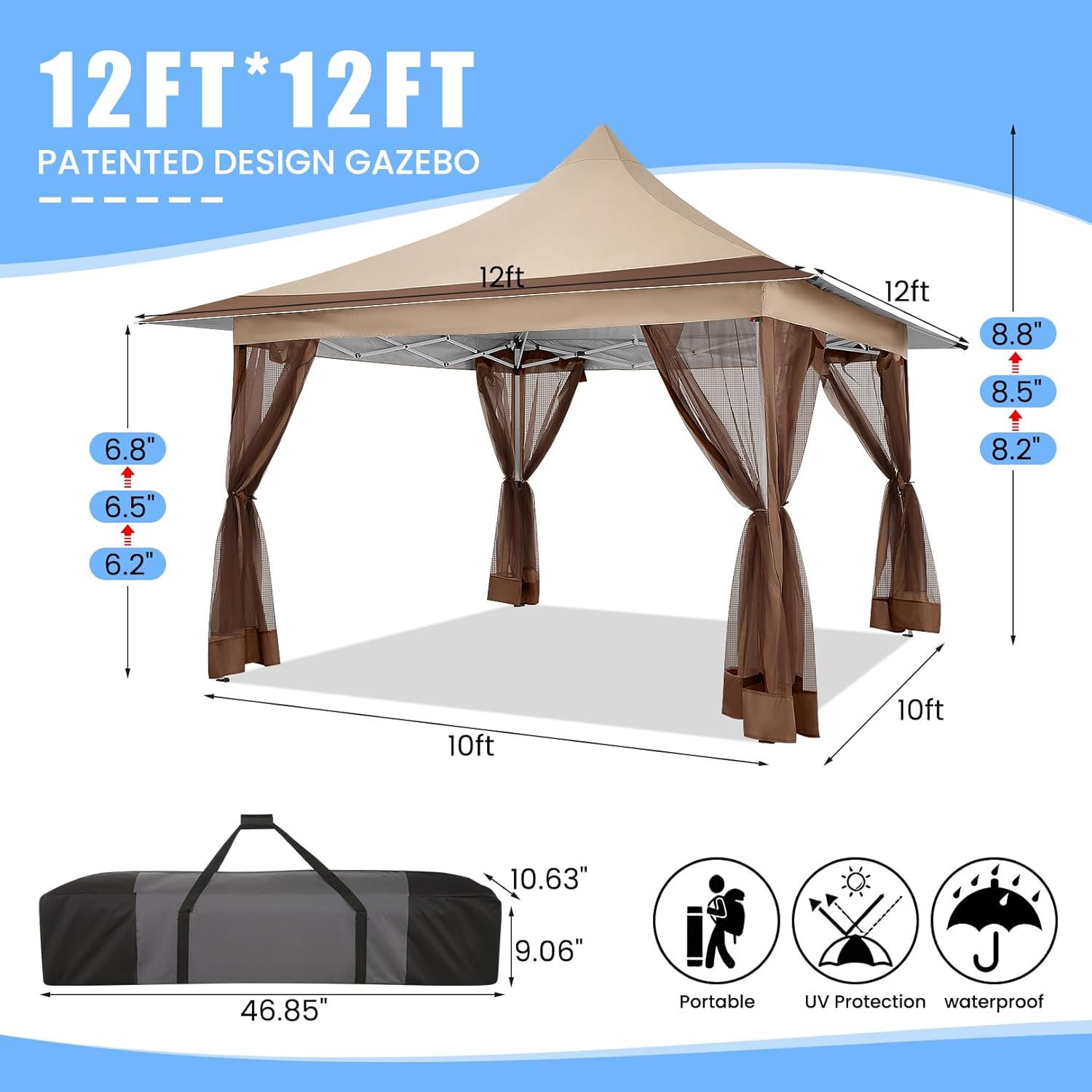 image:imageCOBIZI 11x11 Pop Up Gazebo OnePush Canopy Tent Carpas Para Patio Outdoor Canopy Shelter with Double Roof Ventiation 121 Square Feet of Shade for Lawn Garden Backyard and Deck Gray Upgraded 20Khaki