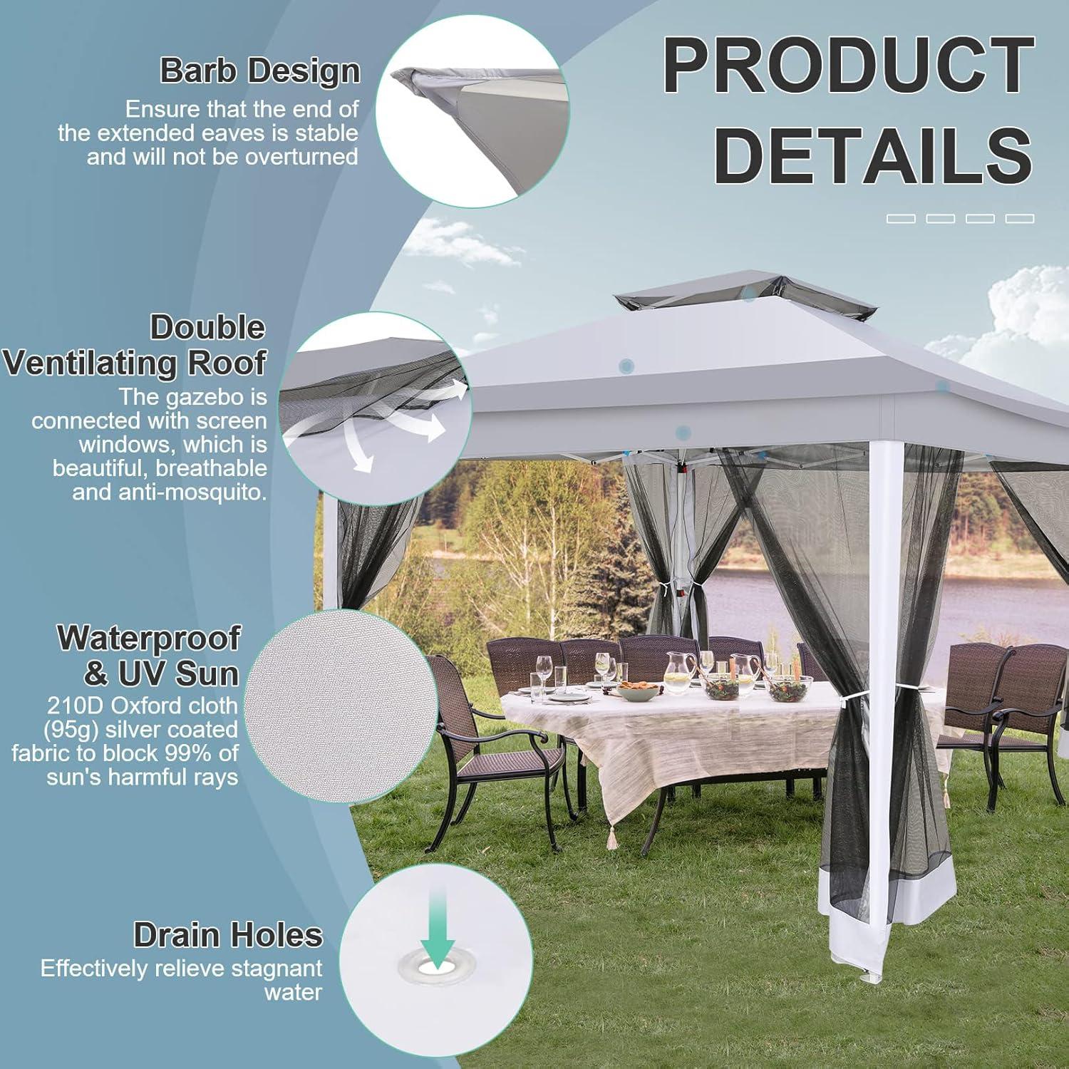 image:imageCOBIZI 11x11 Pop Up Gazebo OnePush Canopy Tent Carpas Para Patio Outdoor Canopy Shelter with Double Roof Ventiation 121 Square Feet of Shade for Lawn Garden Backyard and Deck Gray Upgraded 20GrayUpgrade