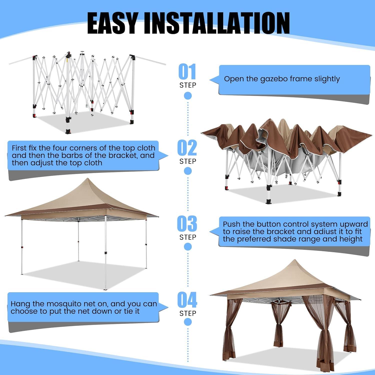 image:imageCOBIZI 11x11 Pop Up Gazebo OnePush Canopy Tent Carpas Para Patio Outdoor Canopy Shelter with Double Roof Ventiation 121 Square Feet of Shade for Lawn Garden Backyard and Deck Gray Upgraded 20Khaki