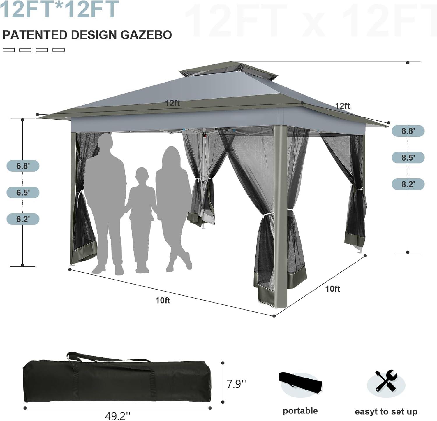 image:imageCOBIZI 11x11 Pop Up Gazebo OnePush Canopy Tent Carpas Para Patio Outdoor Canopy Shelter with Double Roof Ventiation 121 Square Feet of Shade for Lawn Garden Backyard and Deck Gray Upgraded 20Darkgrey