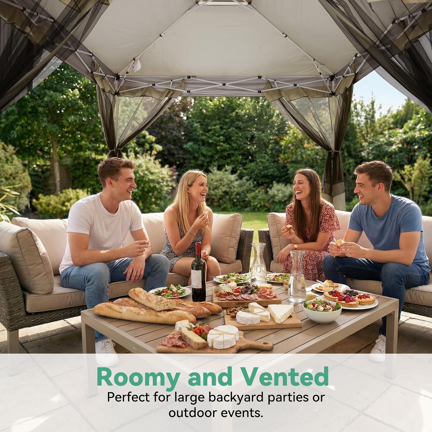 image:imageCOBIZI 11x11 Pop Up Gazebo OnePush Canopy Tent Carpas Para Patio Outdoor Canopy Shelter with Double Roof Ventiation 121 Square Feet of Shade for Lawn Garden Backyard and Deck Gray Upgraded 20Khaki