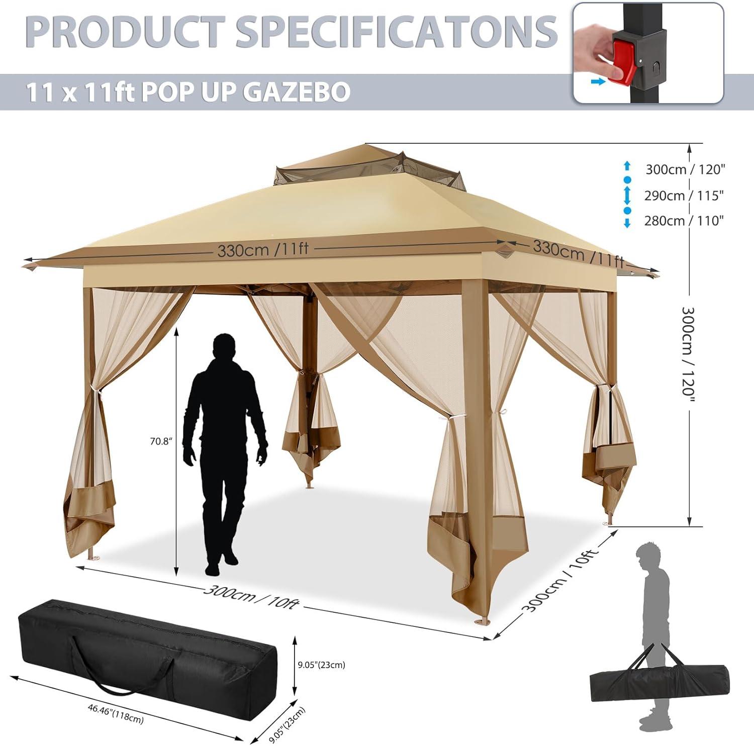 image:imageCOBIZI 11x11 Pop Up Gazebo OnePush Canopy Tent Carpas Para Patio Outdoor Canopy Shelter with Double Roof Ventiation 121 Square Feet of Shade for Lawn Garden Backyard and Deck Gray Upgraded 20Khaki