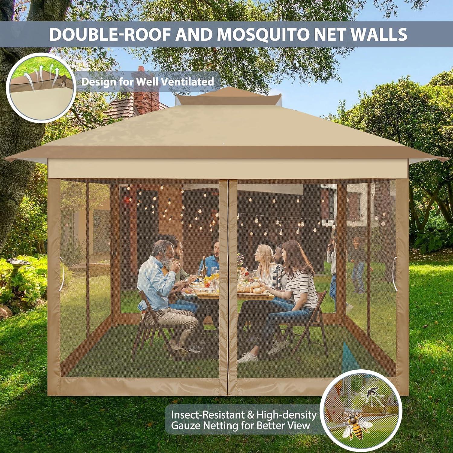 image:imageCOBIZI 11x11 Pop Up Gazebo OnePush Canopy Tent Carpas Para Patio Outdoor Canopy Shelter with Double Roof Ventiation 121 Square Feet of Shade for Lawn Garden Backyard and Deck Gray Upgraded 20Khaki
