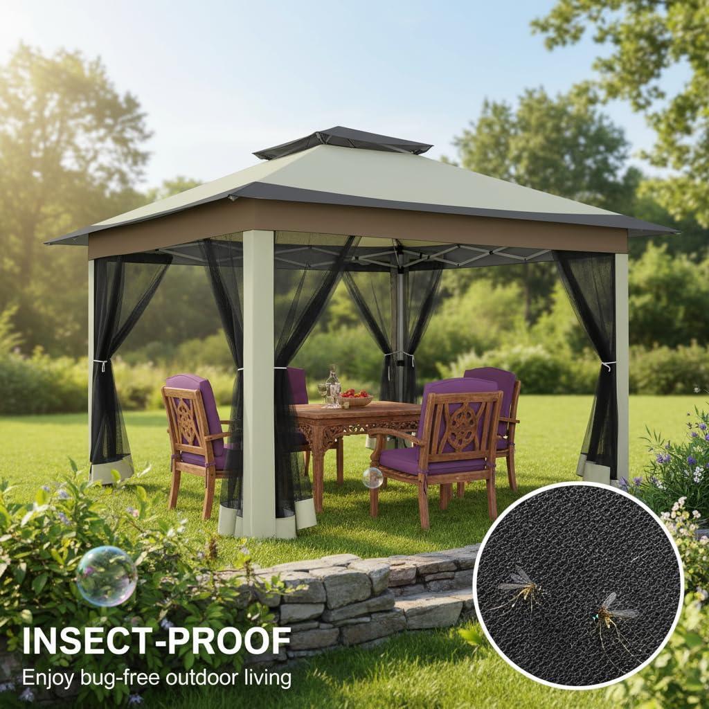 image:imageCOBIZI 11x11 Pop Up Gazebo OnePush Canopy Tent Carpas Para Patio Outdoor Canopy Shelter with Double Roof Ventiation 121 Square Feet of Shade for Lawn Garden Backyard and Deck Gray Upgraded 20Khaki