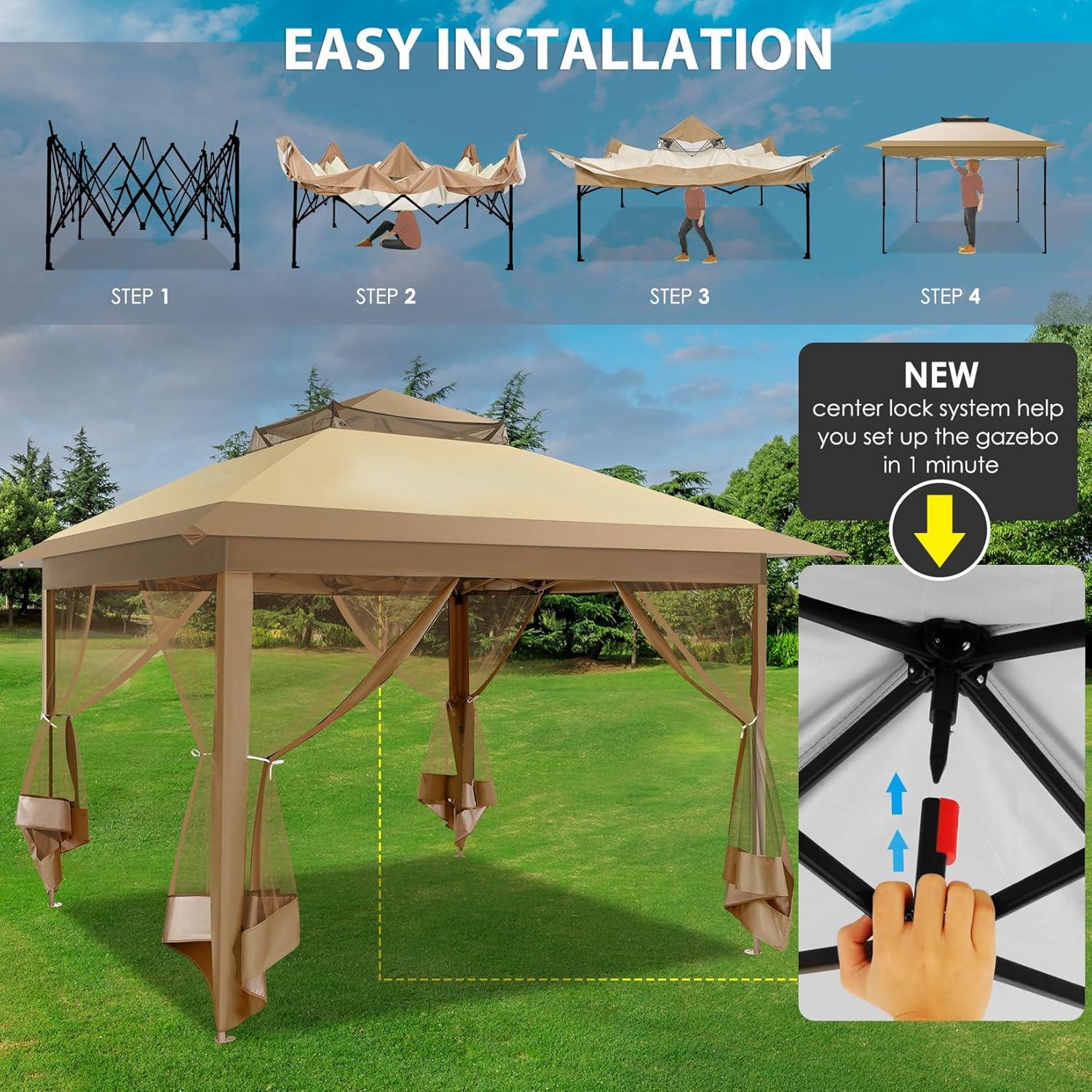 image:imageCOBIZI 11x11 Pop Up Gazebo OnePush Canopy Tent Carpas Para Patio Outdoor Canopy Shelter with Double Roof Ventiation 121 Square Feet of Shade for Lawn Garden Backyard and Deck Gray Upgraded 20Khaki