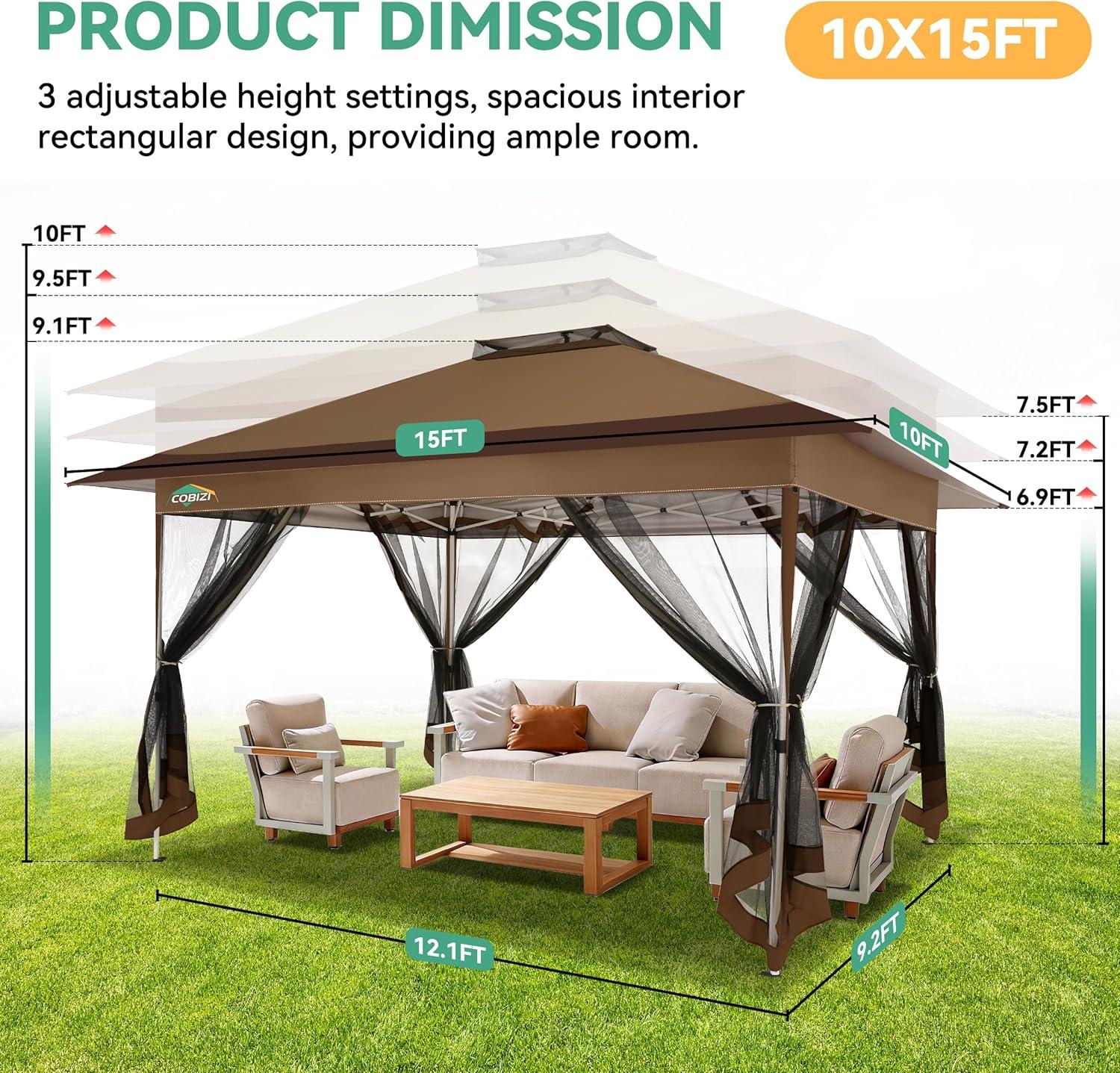 image:imageCOBIZI 11x11 Pop Up Gazebo OnePush Canopy Tent Carpas Para Patio Outdoor Canopy Shelter with Double Roof Ventiation 121 Square Feet of Shade for Lawn Garden Backyard and Deck Gray Upgraded 20BrownUpgraded