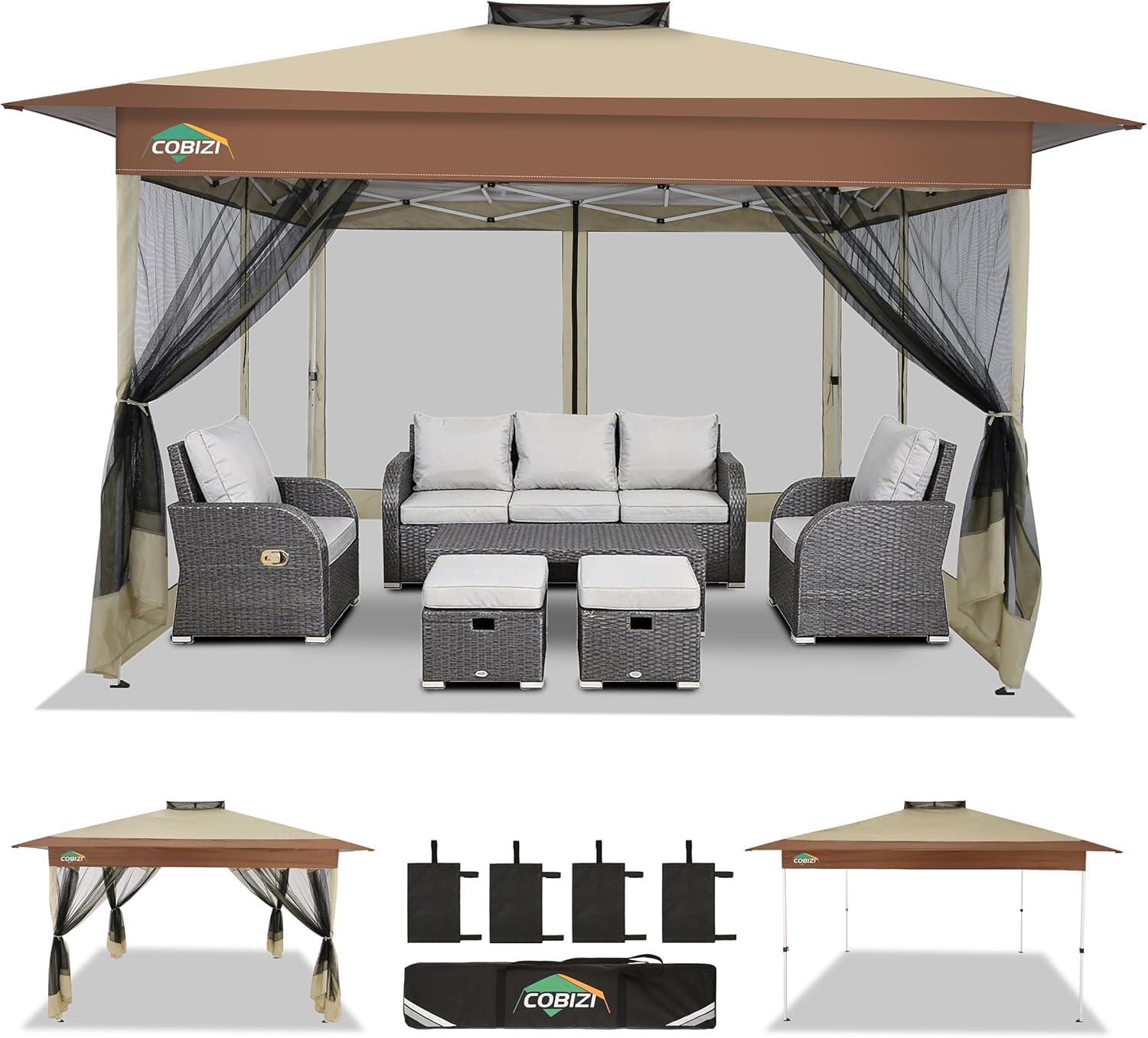 image:imageCOBIZI 11x11 Pop Up Gazebo OnePush Canopy Tent Carpas Para Patio Outdoor Canopy Shelter with Double Roof Ventiation 121 Square Feet of Shade for Lawn Garden Backyard and Deck Gray Upgraded 20Khaki