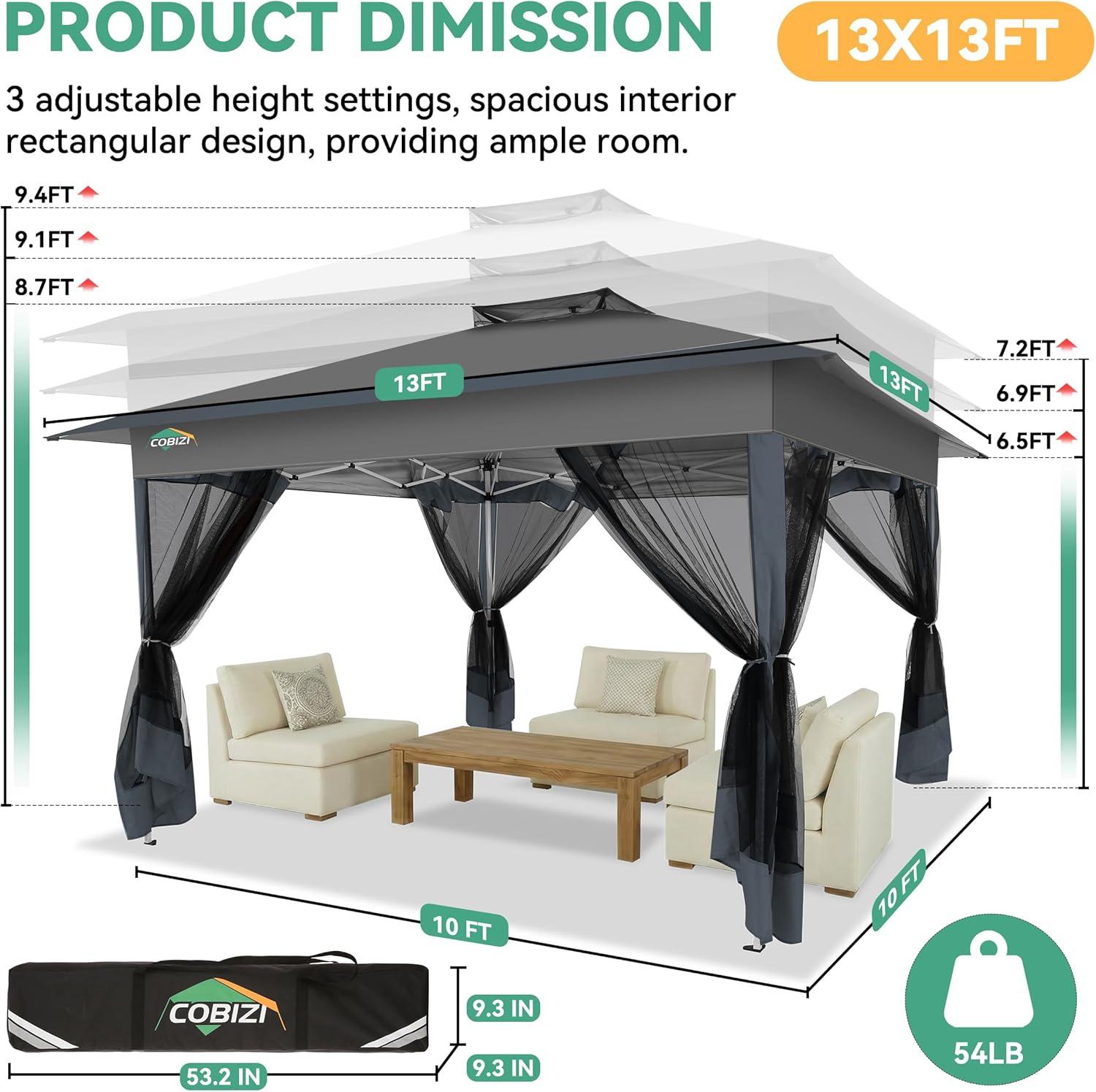 image:imageCOBIZI 11x11 Pop Up Gazebo OnePush Canopy Tent Carpas Para Patio Outdoor Canopy Shelter with Double Roof Ventiation 121 Square Feet of Shade for Lawn Garden Backyard and Deck Gray Upgraded 20Darkgrey
