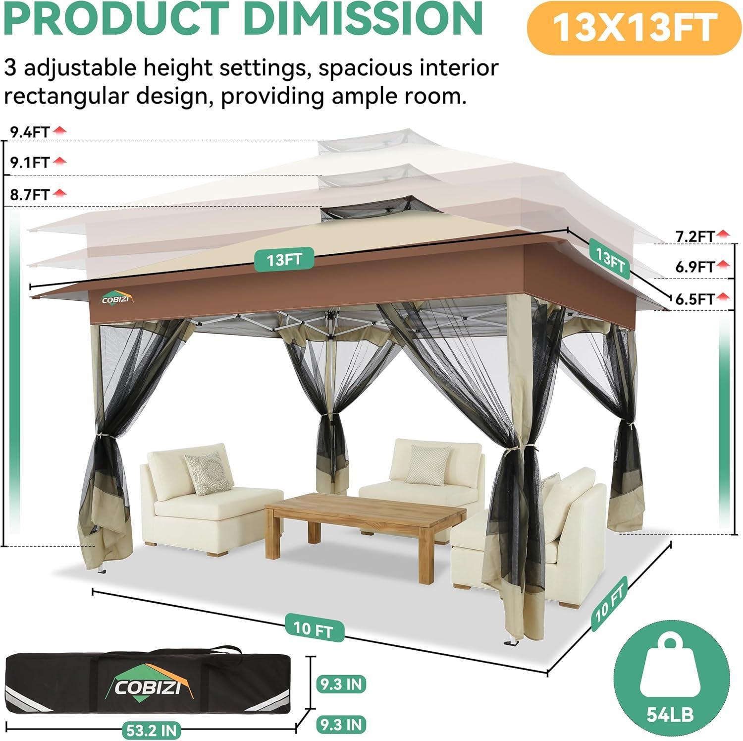 image:imageCOBIZI 11x11 Pop Up Gazebo OnePush Canopy Tent Carpas Para Patio Outdoor Canopy Shelter with Double Roof Ventiation 121 Square Feet of Shade for Lawn Garden Backyard and Deck Gray Upgraded 20Khaki