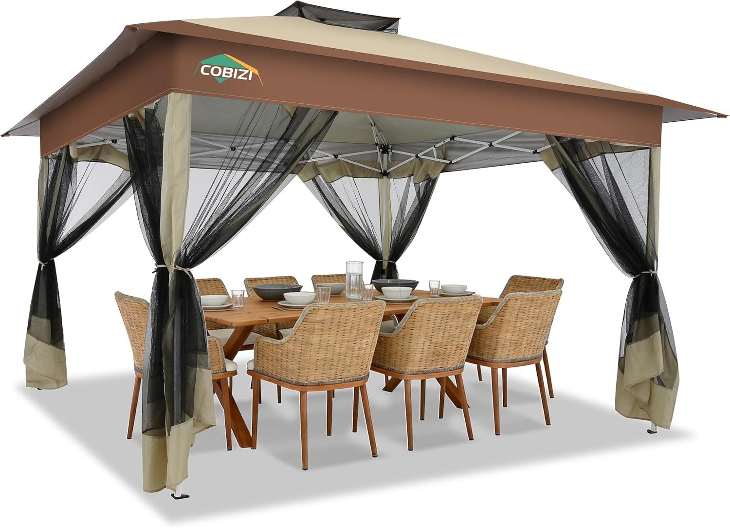 image:imageCOBIZI 11x11 Pop Up Gazebo OnePush Canopy Tent Carpas Para Patio Outdoor Canopy Shelter with Double Roof Ventiation 121 Square Feet of Shade for Lawn Garden Backyard and Deck Gray Upgraded 20Khaki