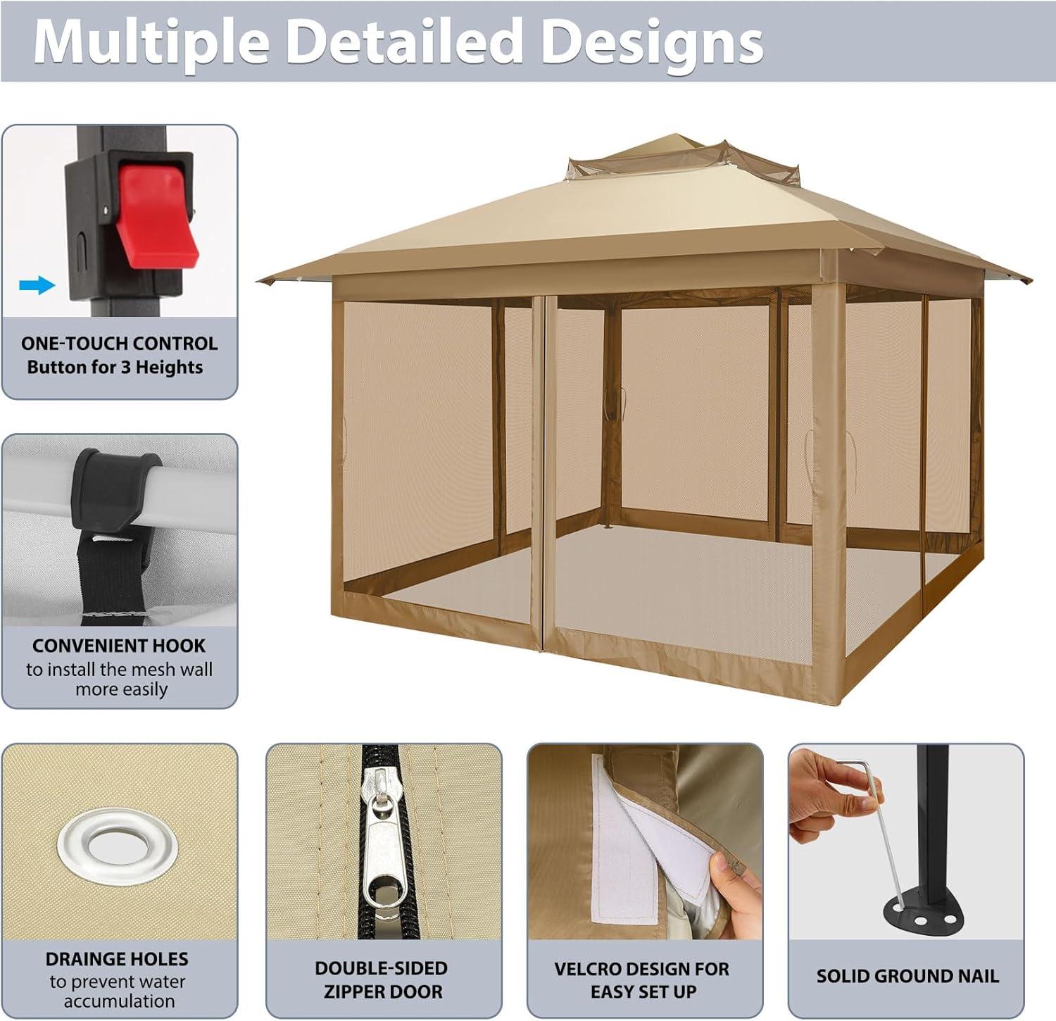 image:imageCOBIZI 11x11 Pop Up Gazebo OnePush Canopy Tent Carpas Para Patio Outdoor Canopy Shelter with Double Roof Ventiation 121 Square Feet of Shade for Lawn Garden Backyard and Deck Gray Upgraded 20Khaki