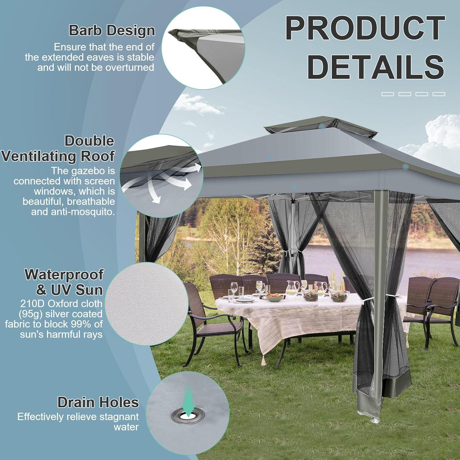 image:imageCOBIZI 11x11 Pop Up Gazebo OnePush Canopy Tent Carpas Para Patio Outdoor Canopy Shelter with Double Roof Ventiation 121 Square Feet of Shade for Lawn Garden Backyard and Deck Gray Upgraded 20Darkgrey