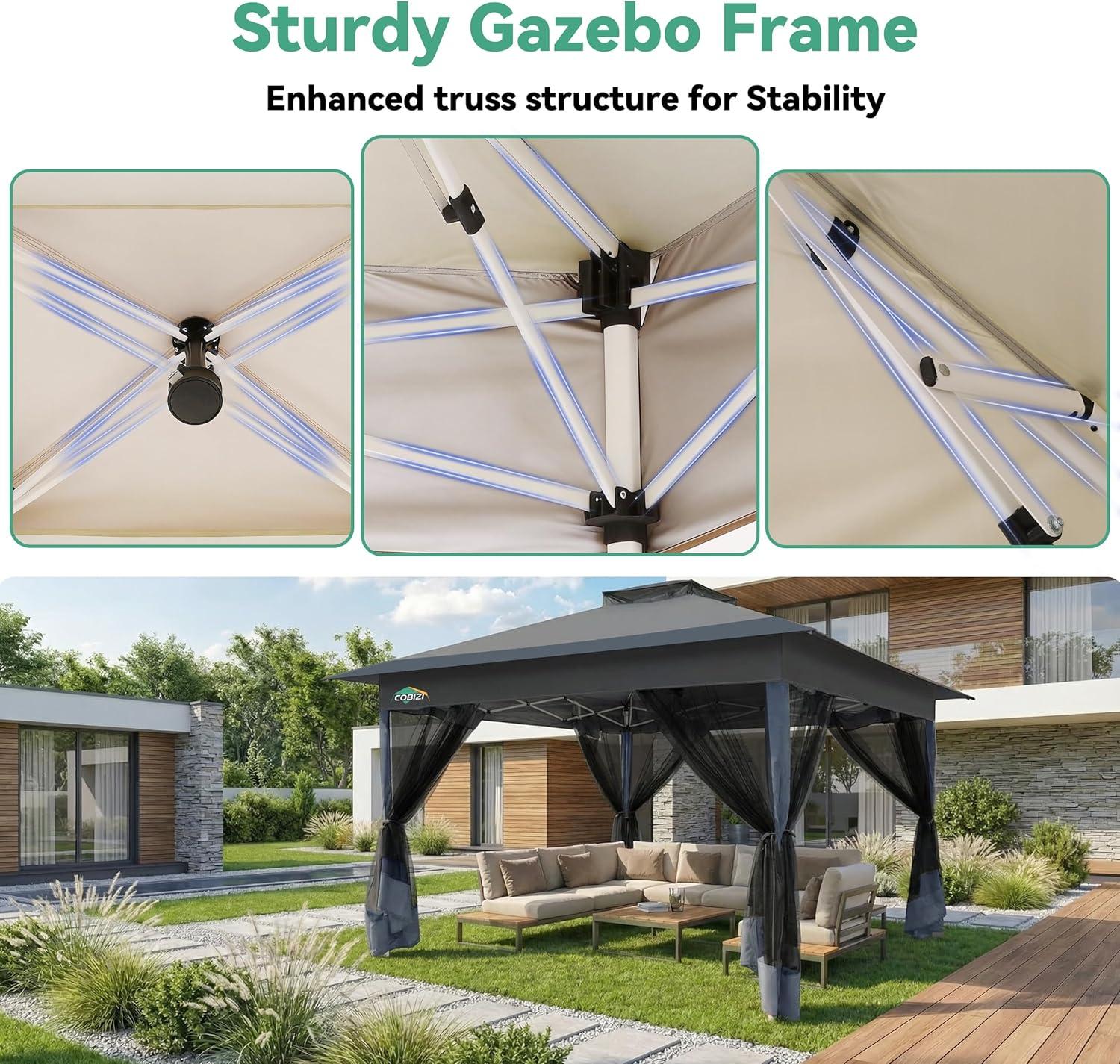 image:imageCOBIZI 11x11 Pop Up Gazebo OnePush Canopy Tent Carpas Para Patio Outdoor Canopy Shelter with Double Roof Ventiation 121 Square Feet of Shade for Lawn Garden Backyard and Deck Gray Upgraded 20Darkgrey