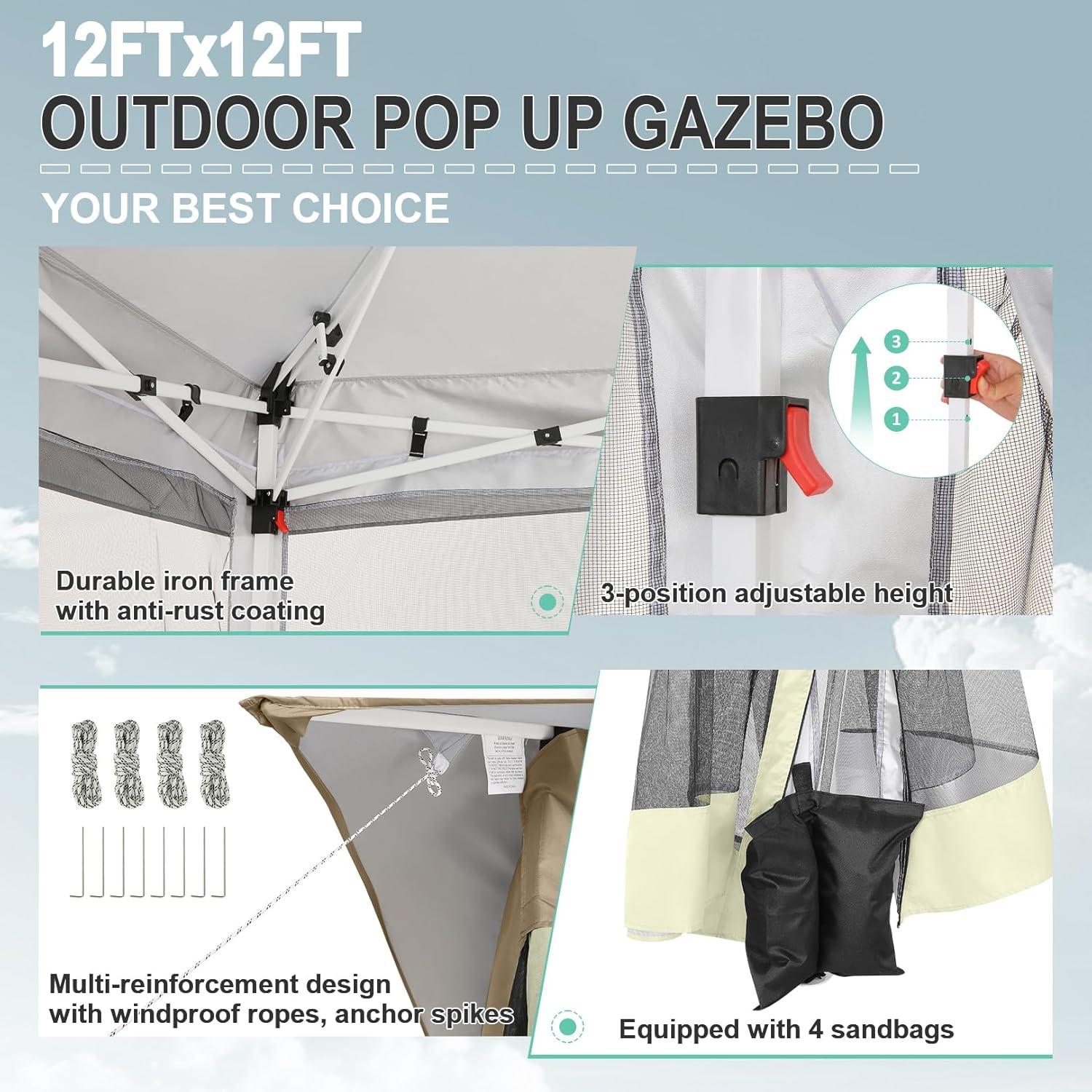 image:imageCOBIZI 11x11 Pop Up Gazebo OnePush Canopy Tent Carpas Para Patio Outdoor Canopy Shelter with Double Roof Ventiation 121 Square Feet of Shade for Lawn Garden Backyard and Deck Gray Upgraded 20Khaki