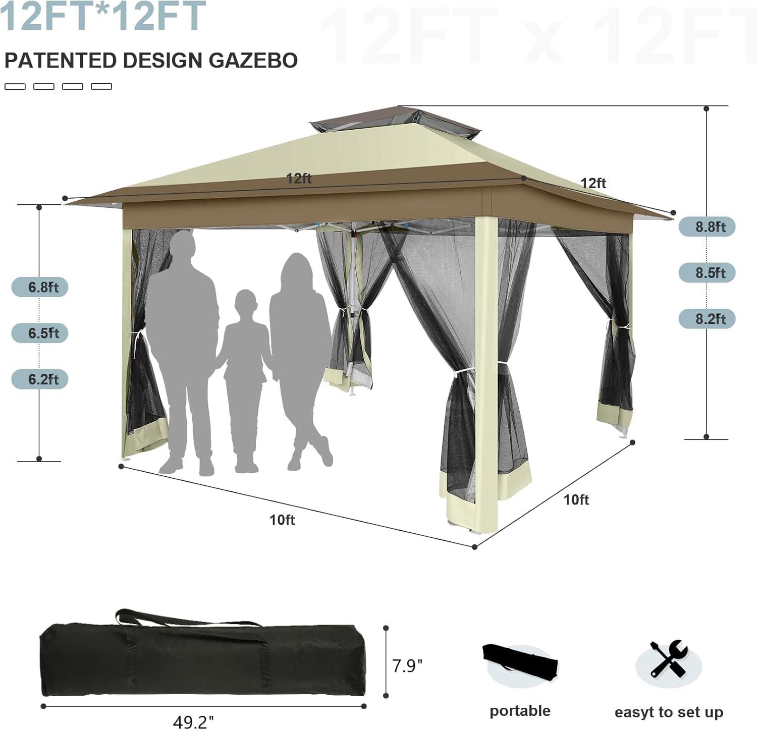 image:imageCOBIZI 11x11 Pop Up Gazebo OnePush Canopy Tent Carpas Para Patio Outdoor Canopy Shelter with Double Roof Ventiation 121 Square Feet of Shade for Lawn Garden Backyard and Deck Gray Upgraded 20Khaki