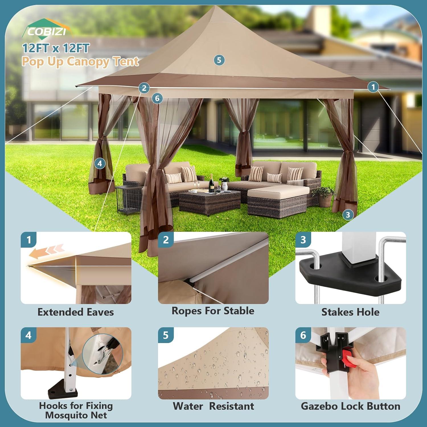 image:imageCOBIZI 12x12 Pop Up Gazebo Canopy Tent Easy Up Outdoor Gazebo Waterproof Upgrade Portable with Mosquito Nettings and Carry Bag for Patio Garden Lawn