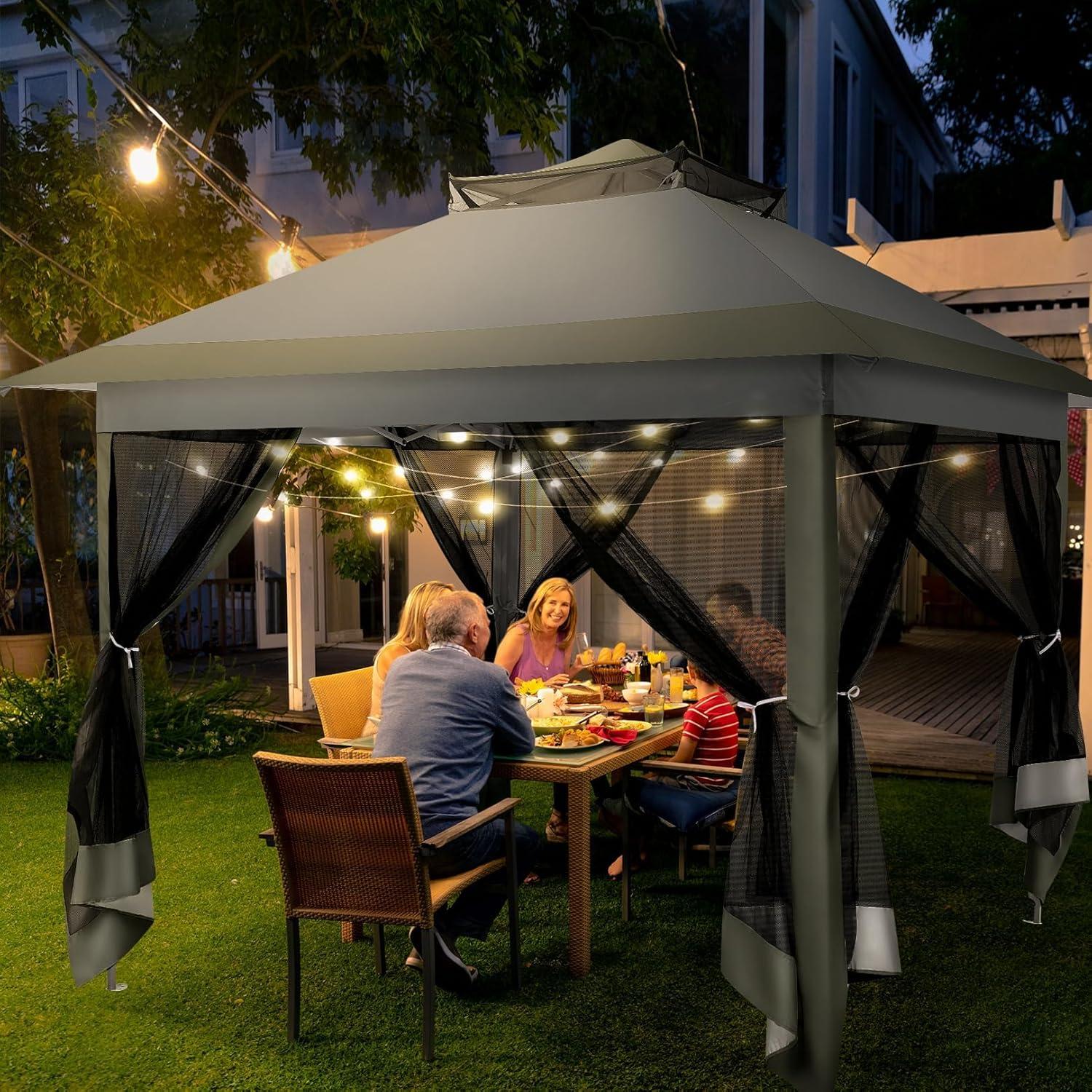 image:imageCOBIZI 12x12 Pop Up Gazebo On Clearance Upgrade Easy Up Metal Outdoor Canopy Waterproof Portable Gazebo with Mosquito Nettings 4 Ropes 8 Stakes and Carry Bag for Patio GardenLight GrayDark Gray