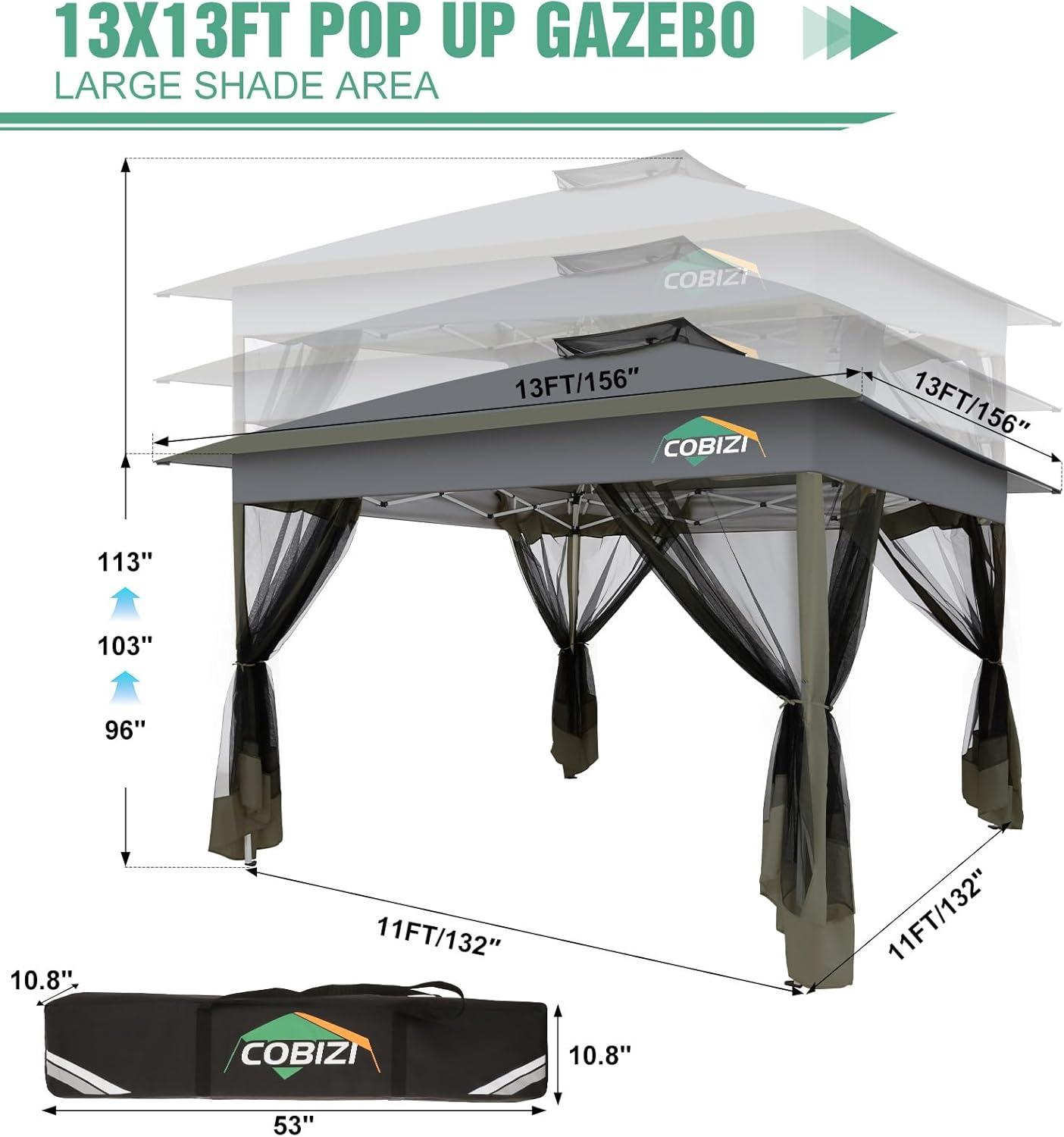 image:imageCOBIZI 12x12 Pop Up Gazebo On Clearance Upgrade Easy Up Metal Outdoor Canopy Waterproof Portable Gazebo with Mosquito Nettings 4 Ropes 8 Stakes and Carry Bag for Patio GardenLight GrayDark GrayUPF50