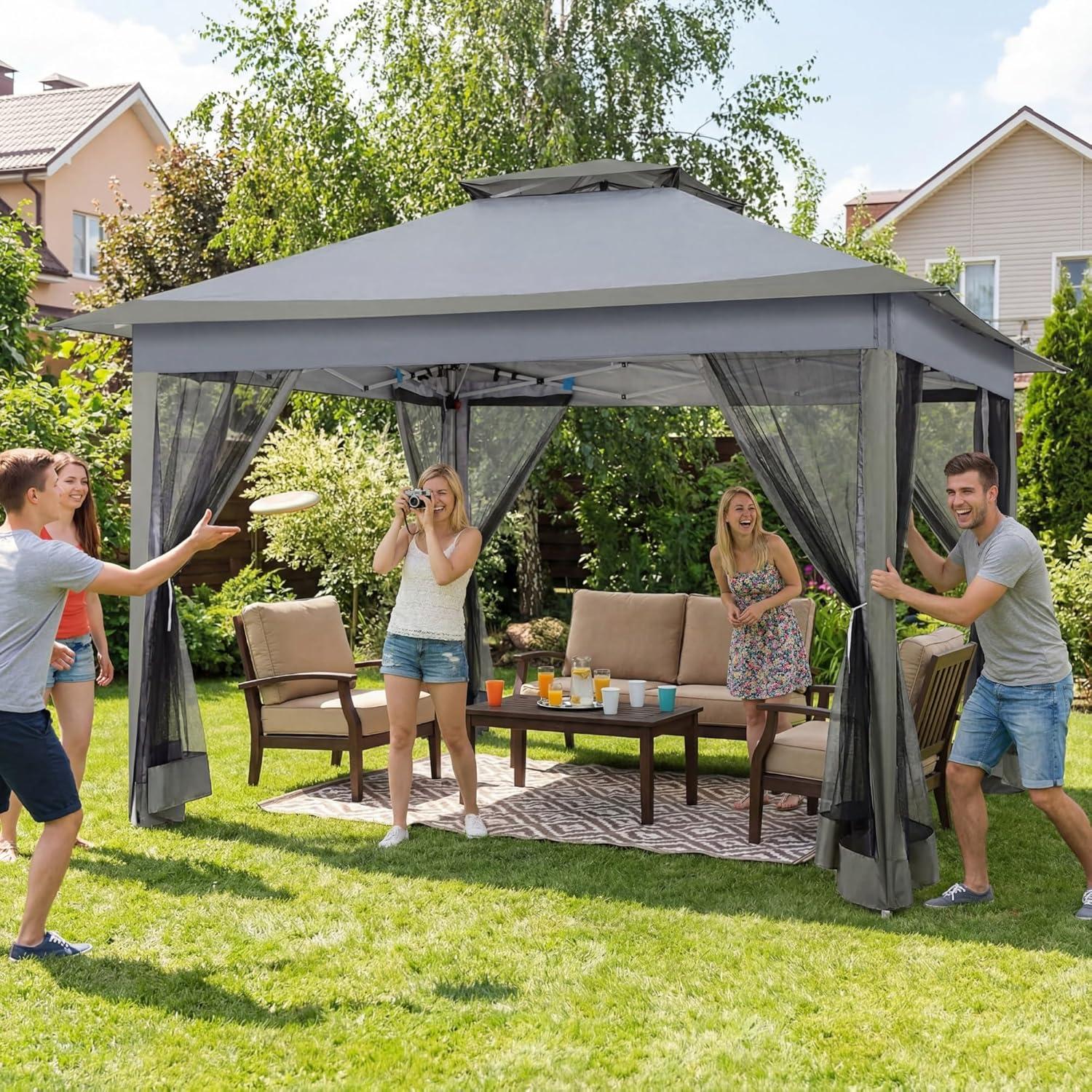 image:imageCOBIZI 12x12 Pop Up Gazebo On Clearance Upgrade Easy Up Metal Outdoor Canopy Waterproof Portable Gazebo with Mosquito Nettings 4 Ropes 8 Stakes and Carry Bag for Patio GardenLight GrayDark GrayUPF50