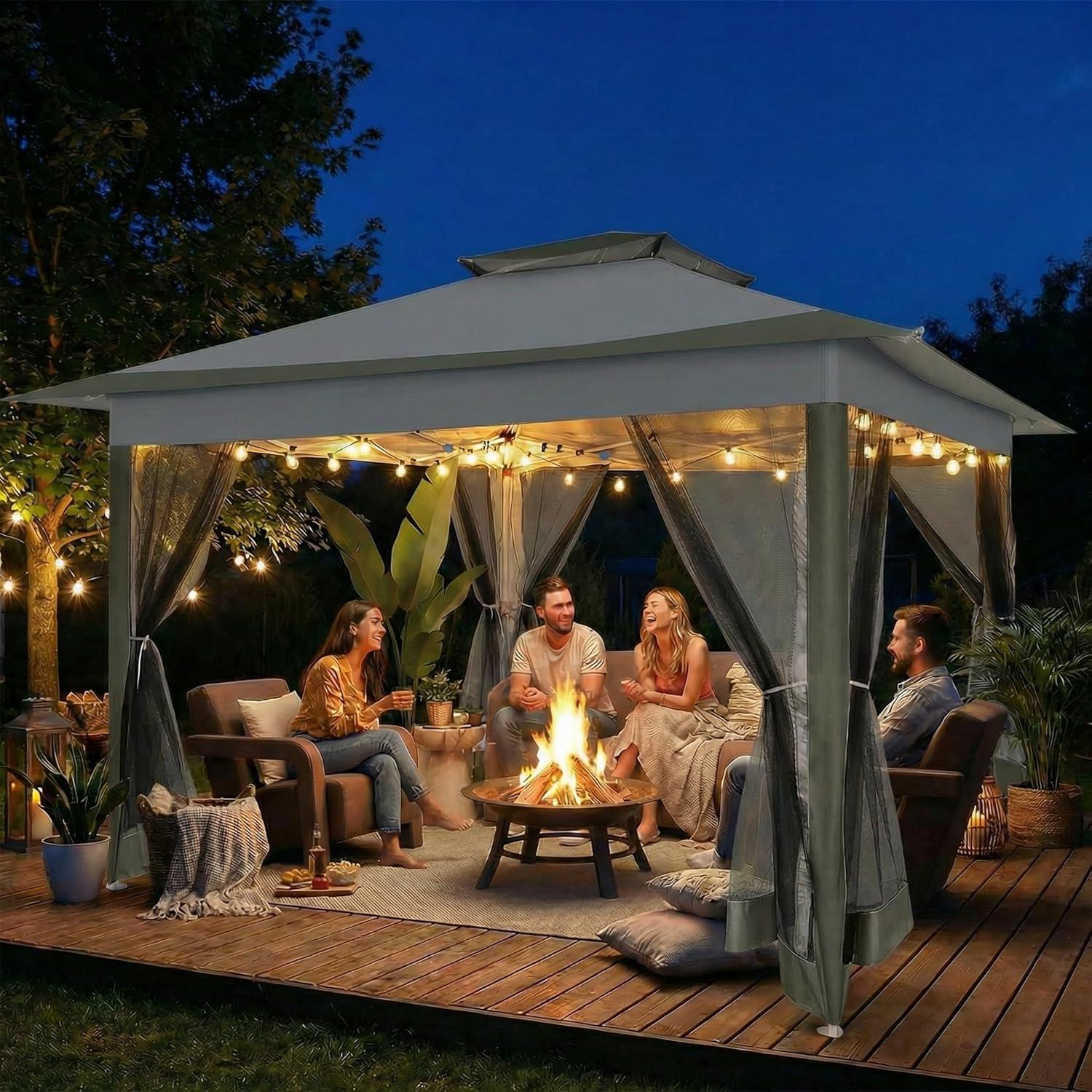 image:imageCOBIZI 12x12 Pop Up Gazebo On Clearance Upgrade Easy Up Metal Outdoor Canopy Waterproof Portable Gazebo with Mosquito Nettings 4 Ropes 8 Stakes and Carry Bag for Patio GardenLight GrayDark GrayUPF50