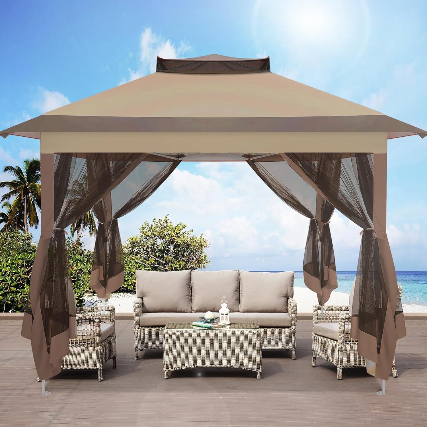 image:imageCOBIZI 12x12 Pop Up Gazebo On Clearance Upgrade Easy Up Metal Outdoor Canopy Waterproof Portable Gazebo with Mosquito Nettings 4 Ropes 8 Stakes and Carry Bag for Patio GardenLight GrayCoffee