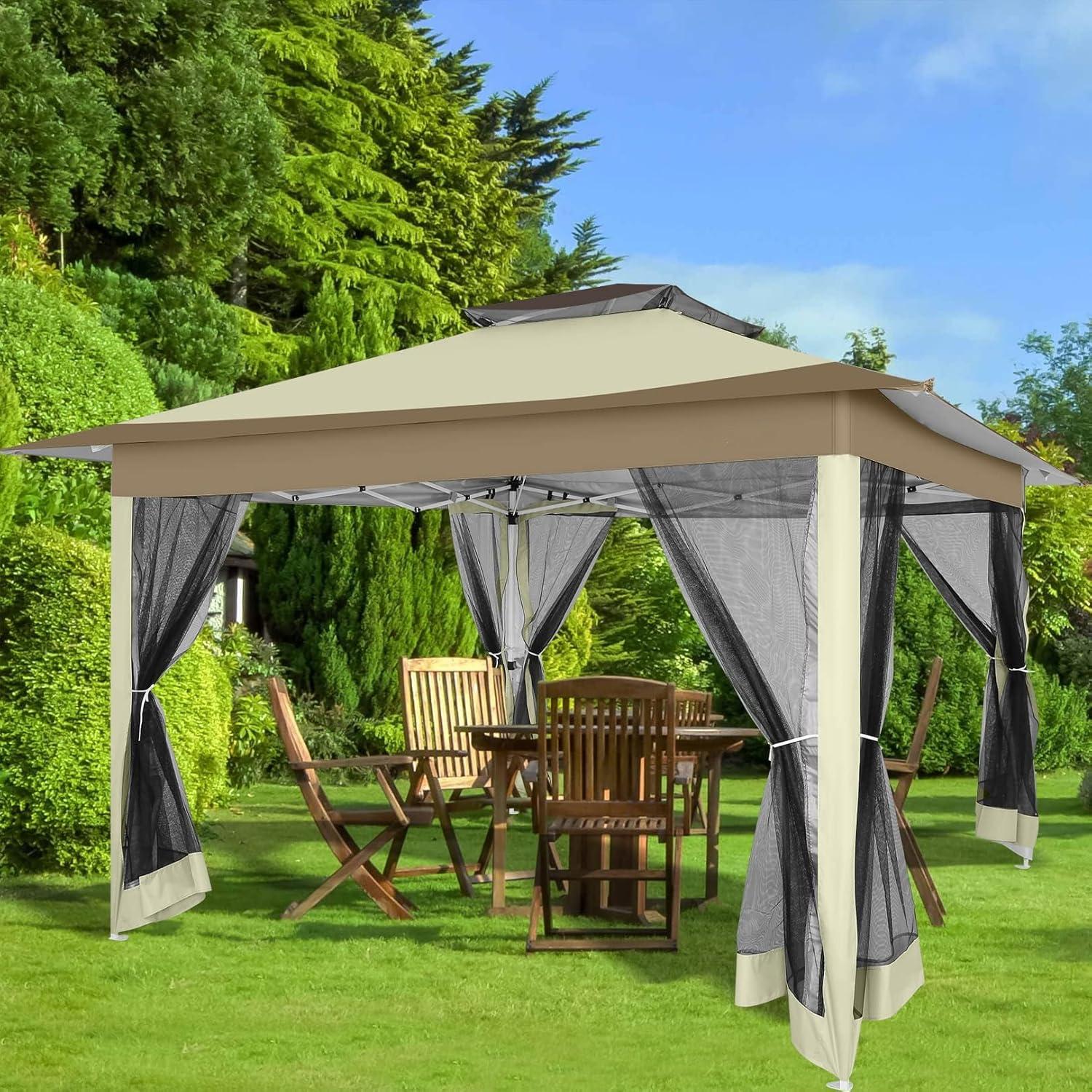 image:imageCOBIZI 12x12 Pop Up Gazebo On Clearance Upgrade Easy Up Metal Outdoor Canopy Waterproof Portable Gazebo with Mosquito Nettings 4 Ropes 8 Stakes and Carry Bag for Patio GardenLight GrayKhaki