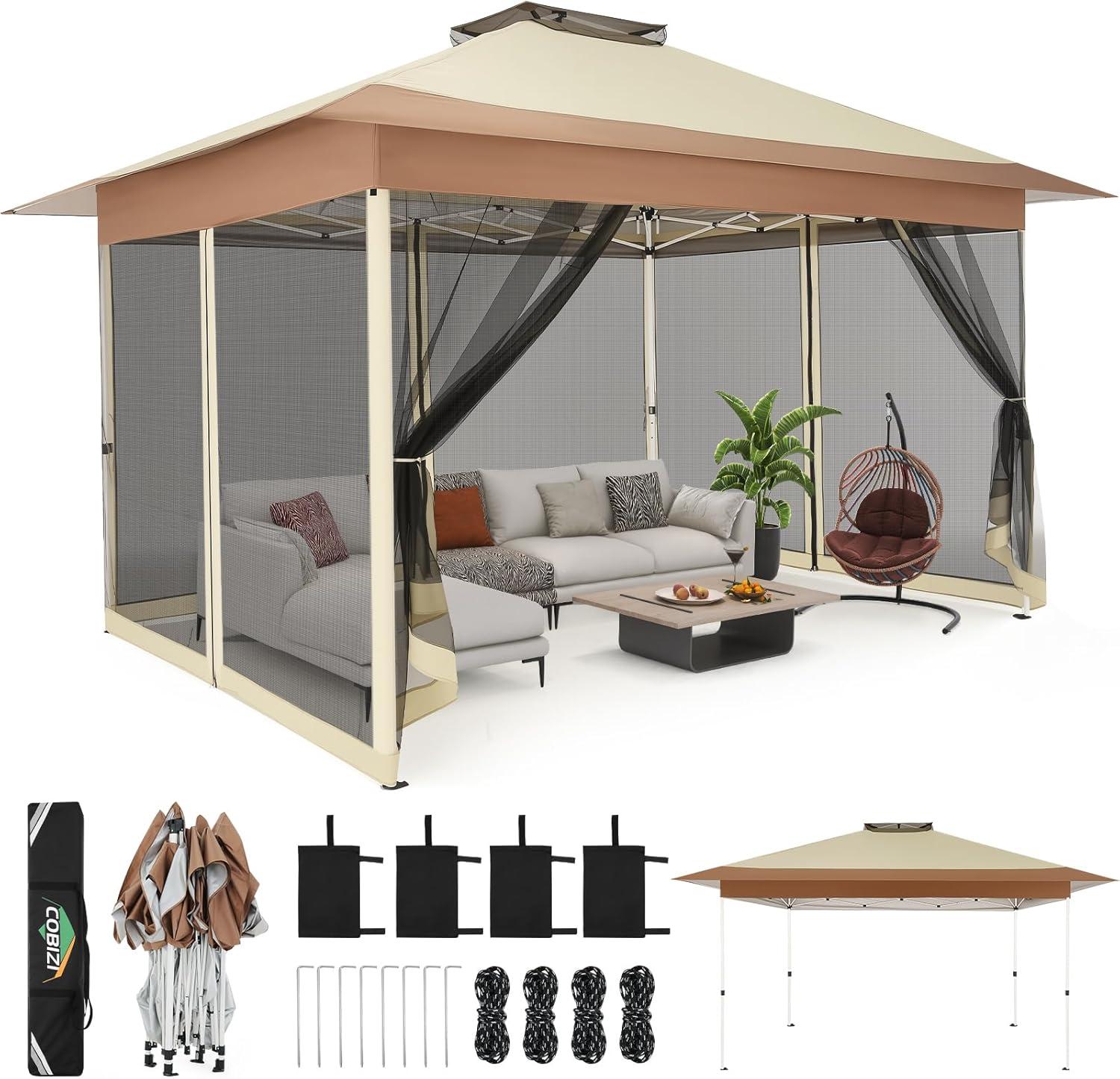 image:imageCOBIZI 12x12 Pop Up Gazebo On Clearance Upgrade Easy Up Metal Outdoor Canopy Waterproof Portable Gazebo with Mosquito Nettings 4 Ropes 8 Stakes and Carry Bag for Patio GardenLight GrayKhaki