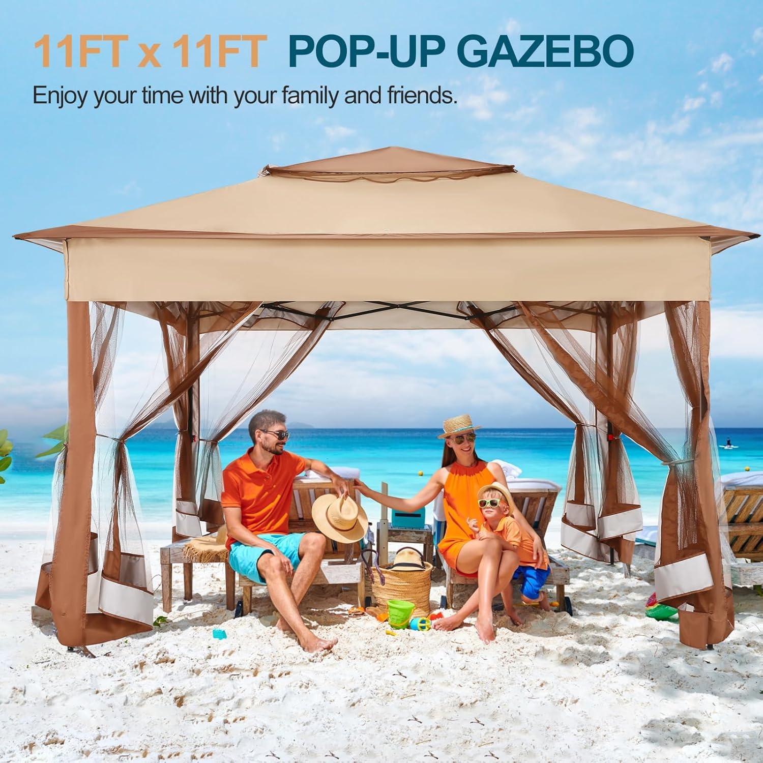 image:imageCOBIZI 12x12 Pop Up Gazebo On Clearance Upgrade Easy Up Metal Outdoor Canopy Waterproof Portable Gazebo with Mosquito Nettings 4 Ropes 8 Stakes and Carry Bag for Patio GardenLight GrayKhaki