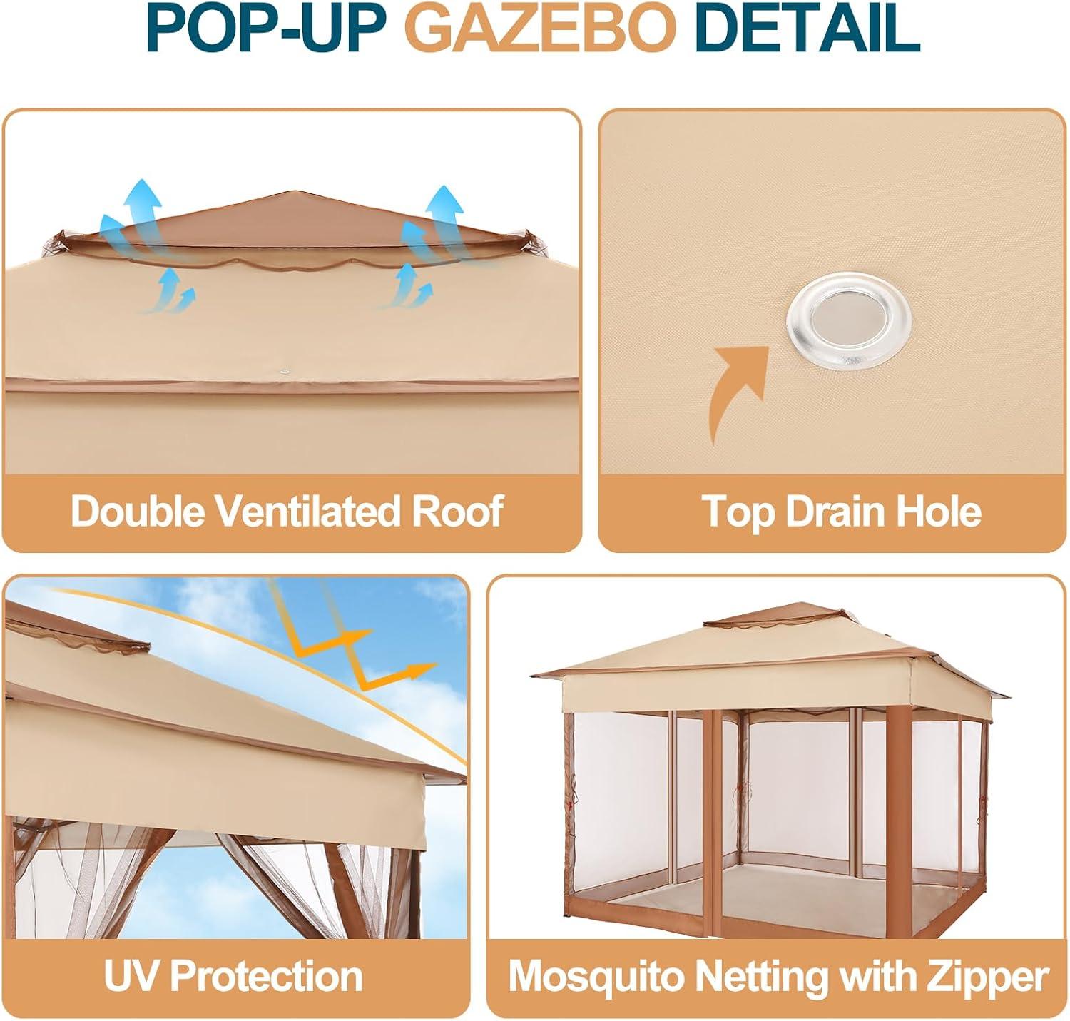 image:imageCOBIZI 12x12 Pop Up Gazebo On Clearance Upgrade Easy Up Metal Outdoor Canopy Waterproof Portable Gazebo with Mosquito Nettings 4 Ropes 8 Stakes and Carry Bag for Patio GardenLight GrayKhaki