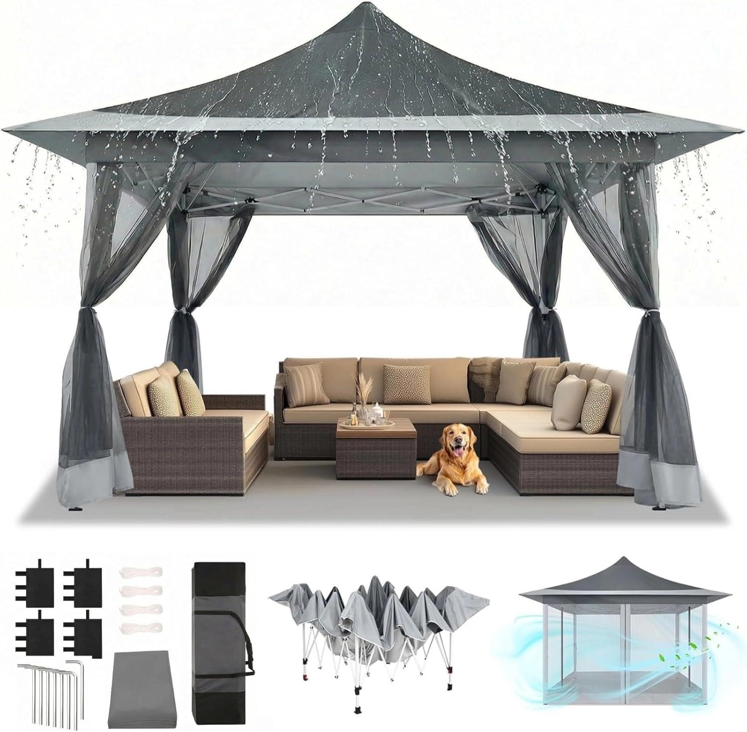 image:imageCOBIZI 12x12 Pop Up Gazebo On Clearance Upgrade Easy Up Metal Outdoor Canopy Waterproof Portable Gazebo with Mosquito Nettings 4 Ropes 8 Stakes and Carry Bag for Patio GardenLight GrayGray
