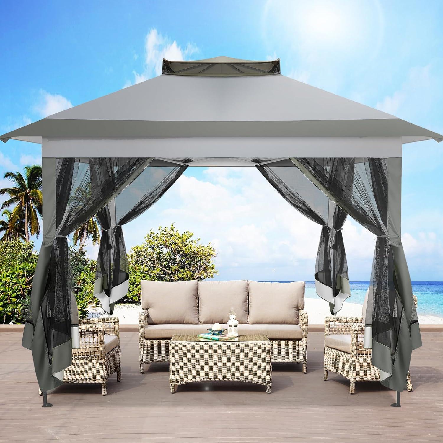 image:imageCOBIZI 12x12 Pop Up Gazebo On Clearance Upgrade Easy Up Metal Outdoor Canopy Waterproof Portable Gazebo with Mosquito Nettings 4 Ropes 8 Stakes and Carry Bag for Patio GardenLight GrayGray