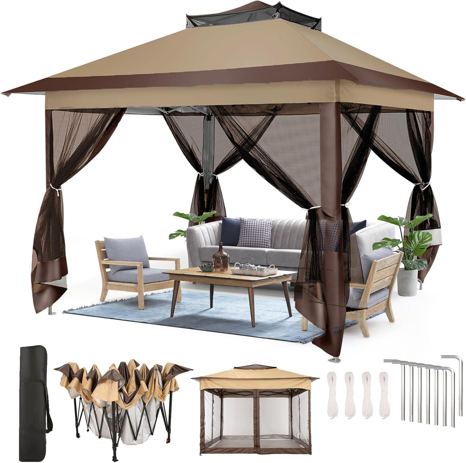 image:imageCOBIZI 12x12 Pop Up Gazebo On Clearance Upgrade Easy Up Metal Outdoor Canopy Waterproof Portable Gazebo with Mosquito Nettings 4 Ropes 8 Stakes and Carry Bag for Patio GardenLight GrayCoffee