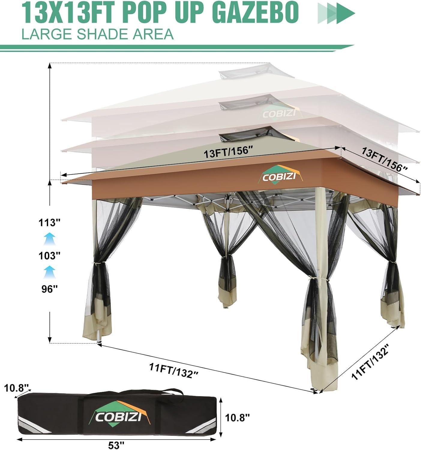 image:imageCOBIZI 12x12 Pop Up Gazebo On Clearance Upgrade Easy Up Metal Outdoor Canopy Waterproof Portable Gazebo with Mosquito Nettings 4 Ropes 8 Stakes and Carry Bag for Patio GardenLight GrayKhakiUPF50
