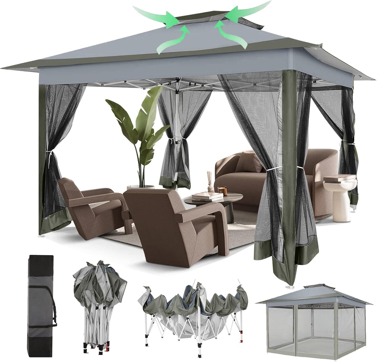 image:imageCOBIZI 12x12 Pop Up Gazebo On Clearance Upgrade Easy Up Metal Outdoor Canopy Waterproof Portable Gazebo with Mosquito Nettings 4 Ropes 8 Stakes and Carry Bag for Patio GardenLight GrayDark GrayUPF50