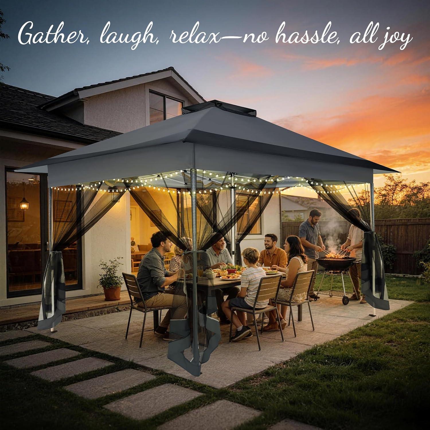 image:imageCOBIZI 12x12 Pop Up Gazebo On Clearance Upgrade Easy Up Metal Outdoor Canopy Waterproof Portable Gazebo with Mosquito Nettings 4 Ropes 8 Stakes and Carry Bag for Patio GardenLight GrayDark Gray