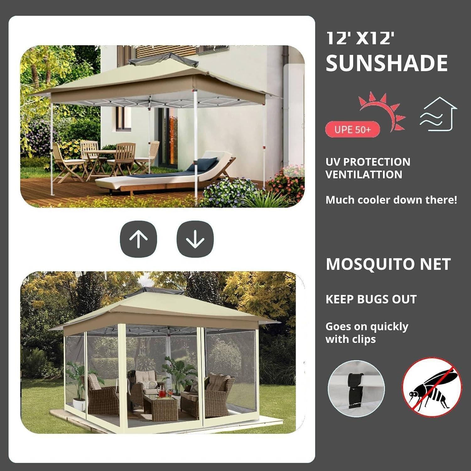 image:imageCOBIZI 12x12 Pop Up Gazebo On Clearance Upgrade Easy Up Metal Outdoor Canopy Waterproof Portable Gazebo with Mosquito Nettings 4 Ropes 8 Stakes and Carry Bag for Patio GardenLight GrayKhakiUPF50
