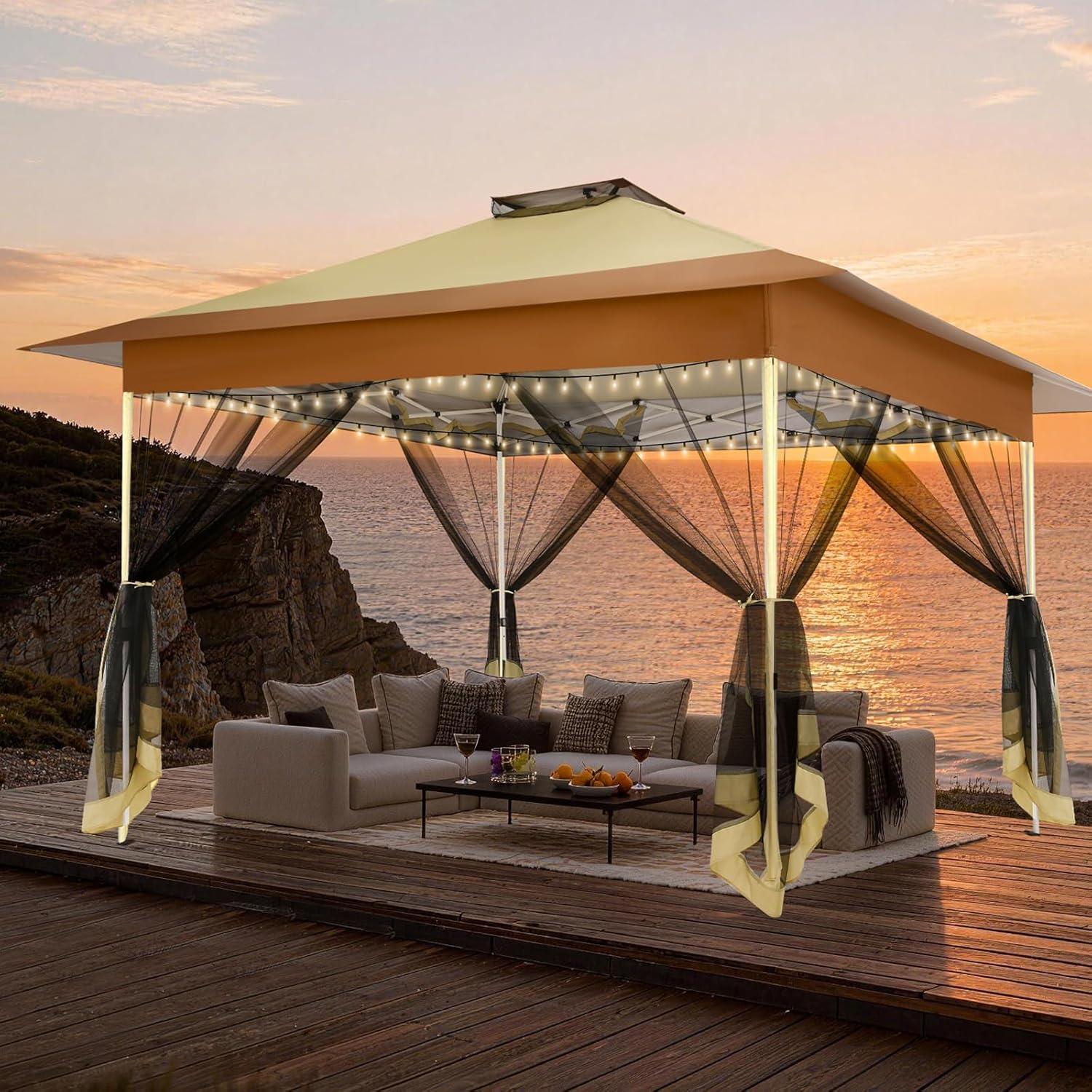 image:imageCOBIZI 12x12 Pop Up Gazebo On Clearance Upgrade Easy Up Metal Outdoor Canopy Waterproof Portable Gazebo with Mosquito Nettings 4 Ropes 8 Stakes and Carry Bag for Patio GardenLight GrayKhaki