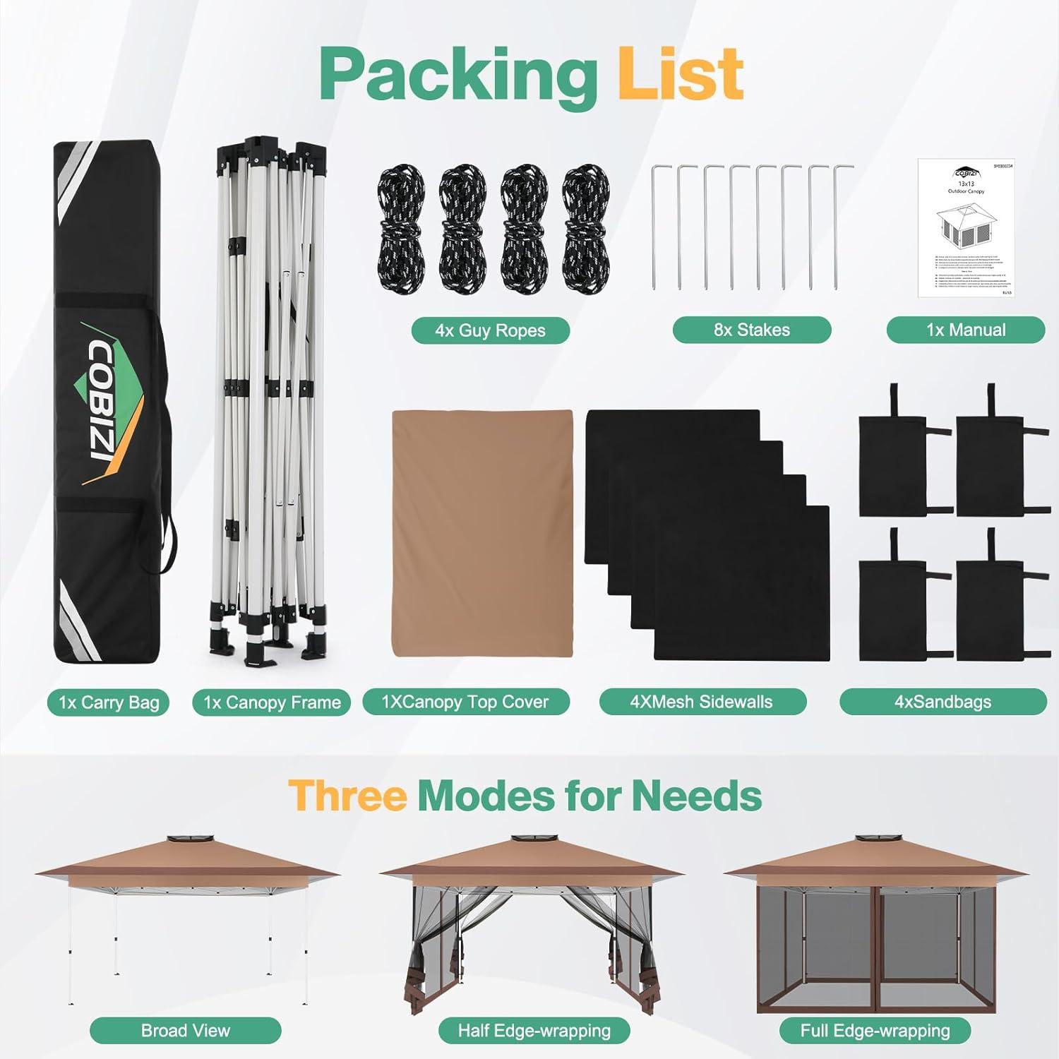 image:imageCOBIZI 12x12 Pop Up Gazebo On Clearance Upgrade Easy Up Metal Outdoor Canopy Waterproof Portable Gazebo with Mosquito Nettings 4 Ropes 8 Stakes and Carry Bag for Patio GardenLight GrayCoffee