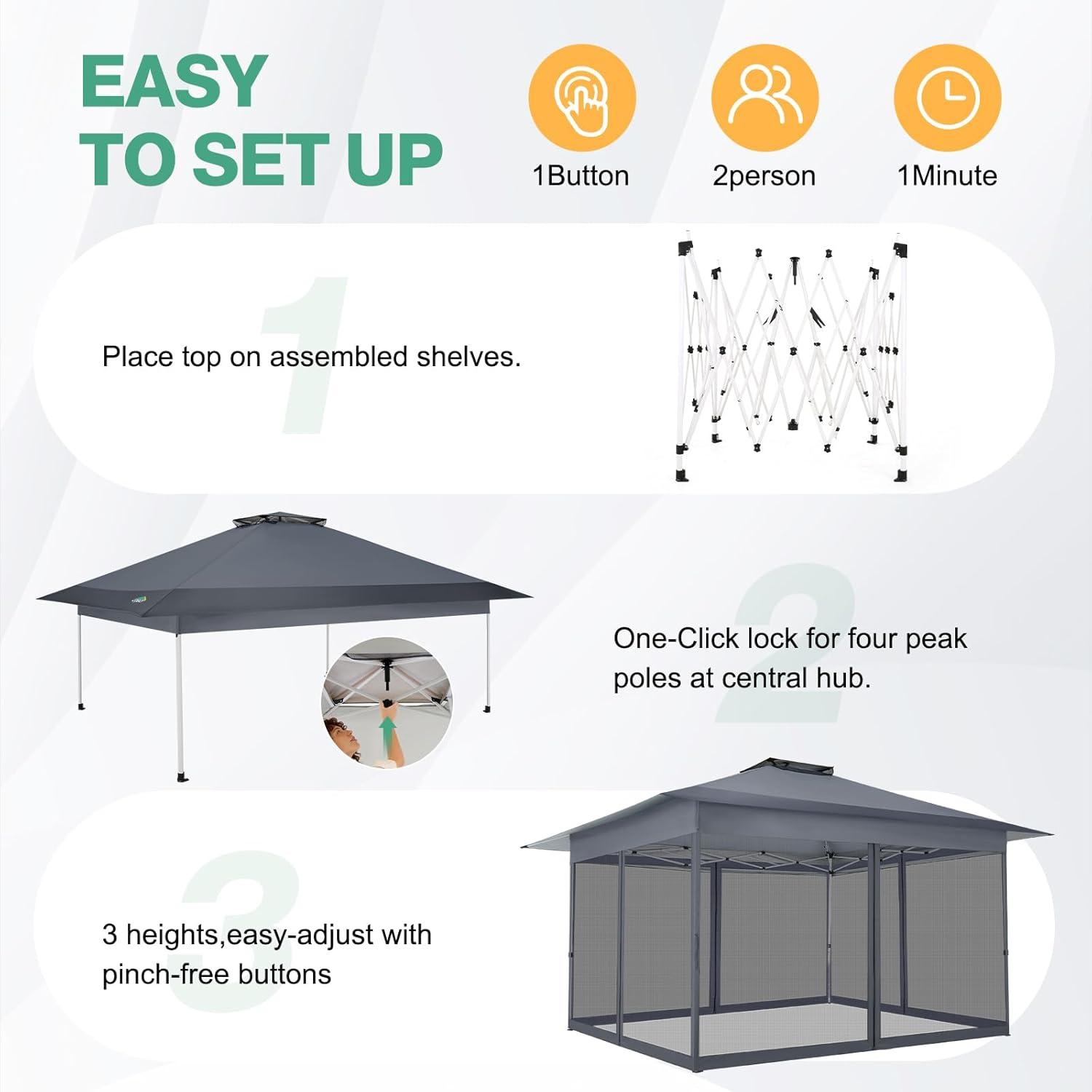 image:imageCOBIZI 12x12 Pop Up Gazebo On Clearance Upgrade Easy Up Metal Outdoor Canopy Waterproof Portable Gazebo with Mosquito Nettings 4 Ropes 8 Stakes and Carry Bag for Patio GardenLight GrayDark Gray