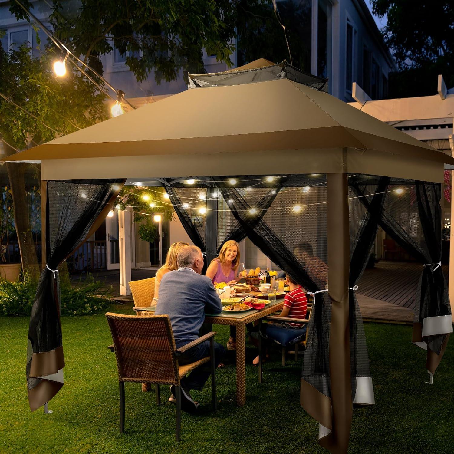 image:imageCOBIZI 12x12 Pop Up Gazebo On Clearance Upgrade Easy Up Metal Outdoor Canopy Waterproof Portable Gazebo with Mosquito Nettings 4 Ropes 8 Stakes and Carry Bag for Patio GardenLight GrayCoffee
